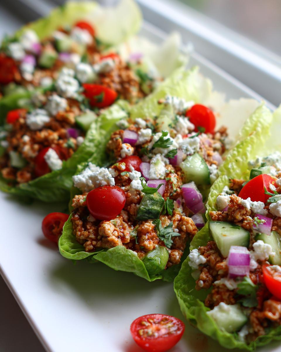 Delicious mediterranean chicken lettuce boats 5 Close-up of delicious mediterranean chicken lettuce boats filled with seasoned chicken, cucumber, tomatoes, red onion, and feta cheese.