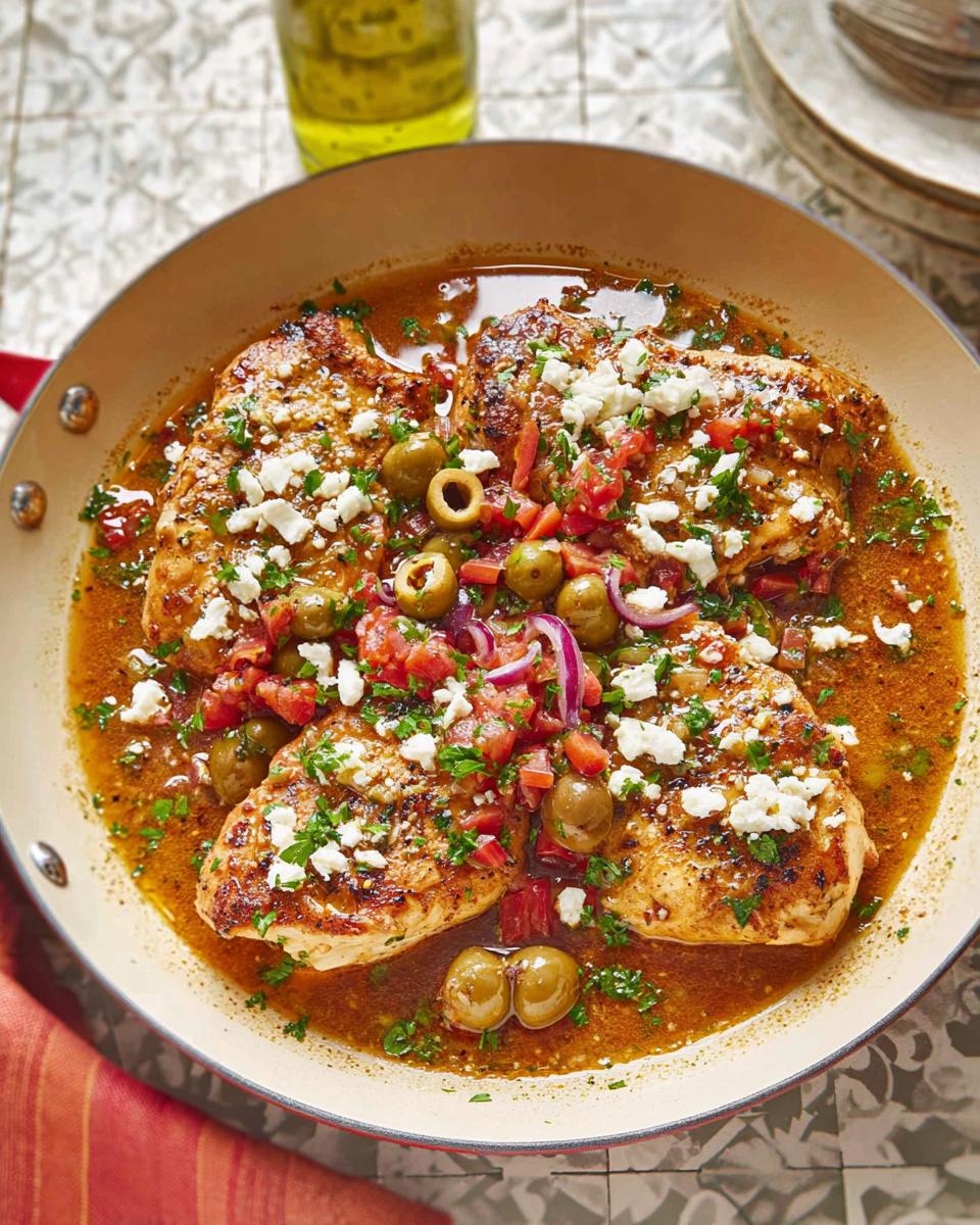 25-Minute Mediterranean Chicken with Tomatoes and Olives 5 Close-up of Mediterranean Chicken with Tomatoes and Olives cooked in a skillet, topped with feta cheese and parsley.
