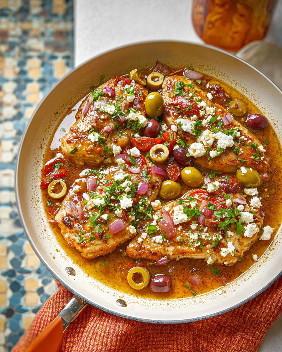 25-Minute Mediterranean Chicken with Tomatoes and Olives 4 A skillet of Mediterranean Chicken with Tomatoes and Olives, topped with feta cheese and fresh parsley.