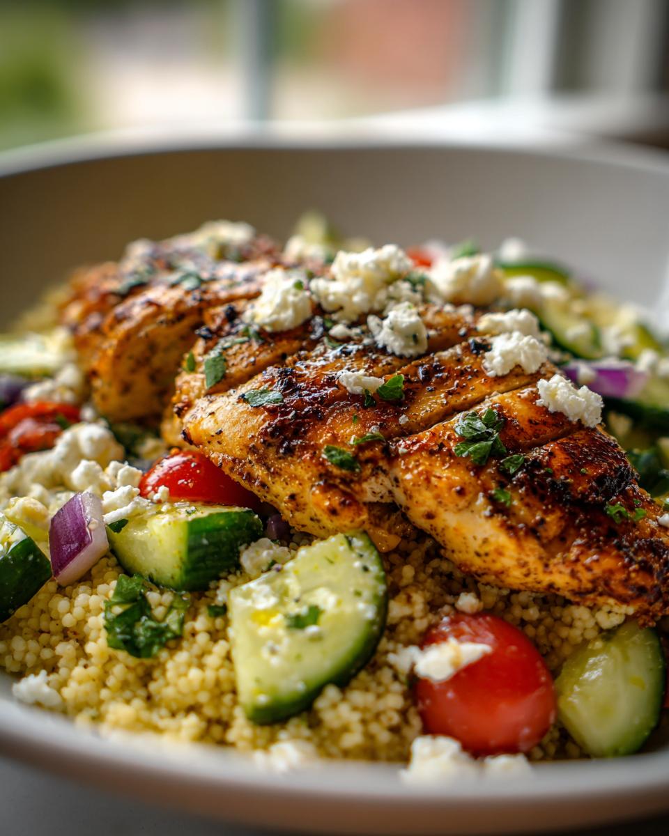 Amazing Mediterranean Lemon Chicken Couscous Bowls 4 Close-up of a Mediterranean lemon chicken couscous bowl with grilled chicken, couscous, cucumber, tomatoes, red onion, and feta cheese.
