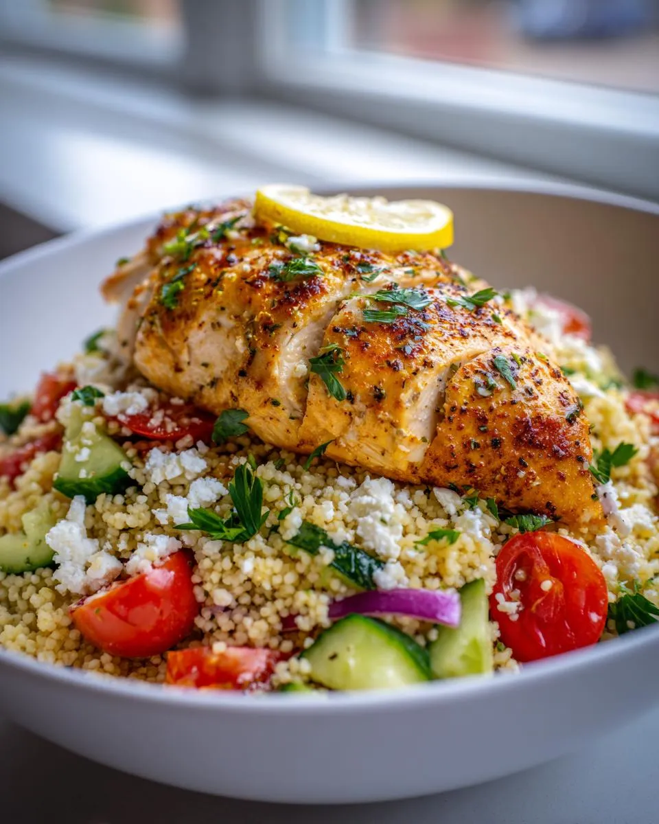 Amazing Mediterranean Lemon Chicken Couscous Bowls 5 Close-up of Mediterranean Lemon Chicken Couscous Bowls with grilled chicken, couscous, cucumber, tomatoes, red onion, and feta cheese.