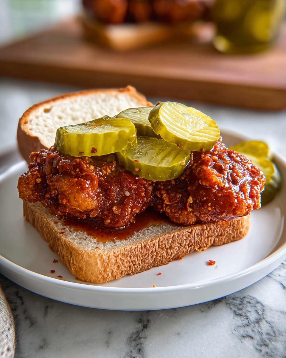 Nashville Hot Chicken Sandwich: Your 5-Step Fiery Feast 4 A close-up of a Nashville Hot Chicken Sandwich on white bread, topped with spicy fried chicken and dill pickle slices.