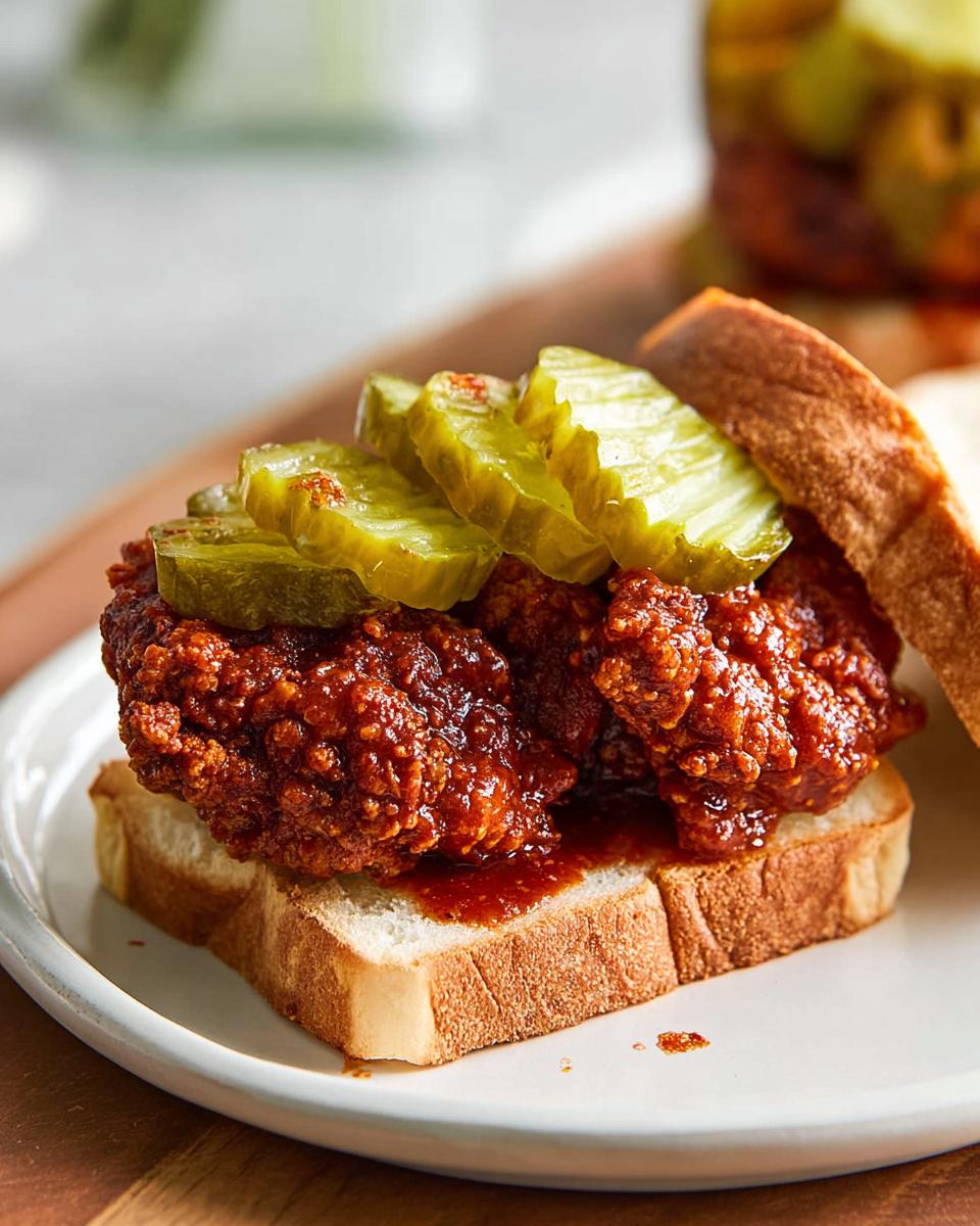 Nashville Hot Chicken Sandwich: Your 5-Step Fiery Feast 5 A close-up of a Nashville Hot Chicken Sandwich on white bread, topped with pickles and a spicy red sauce.