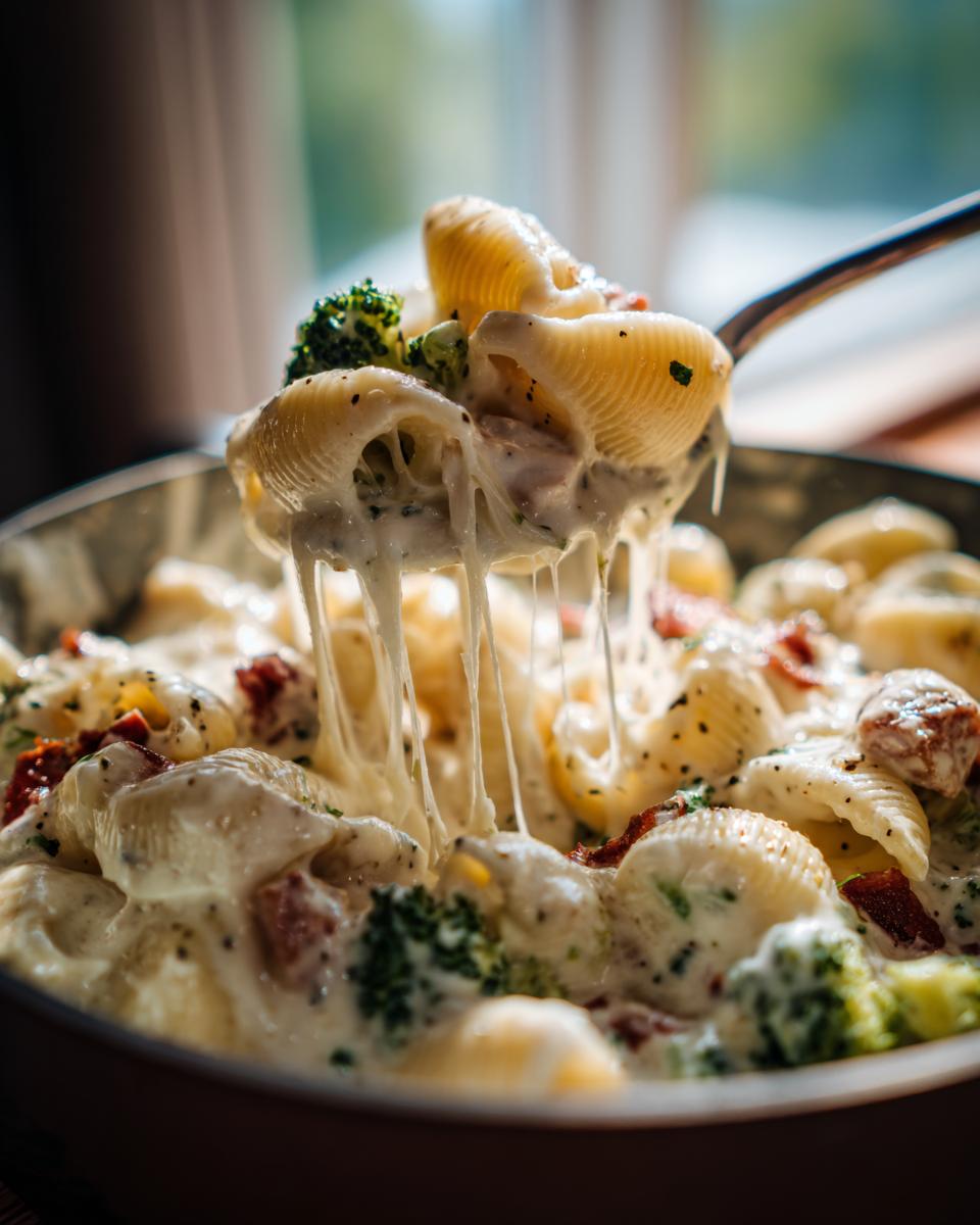One Pot Chicken Alfredo Shells: 35 Min Magic 4 A close-up of a spoonful of One Pot Chicken Alfredo Shells with melted cheese, broccoli florets, and pieces of bacon.