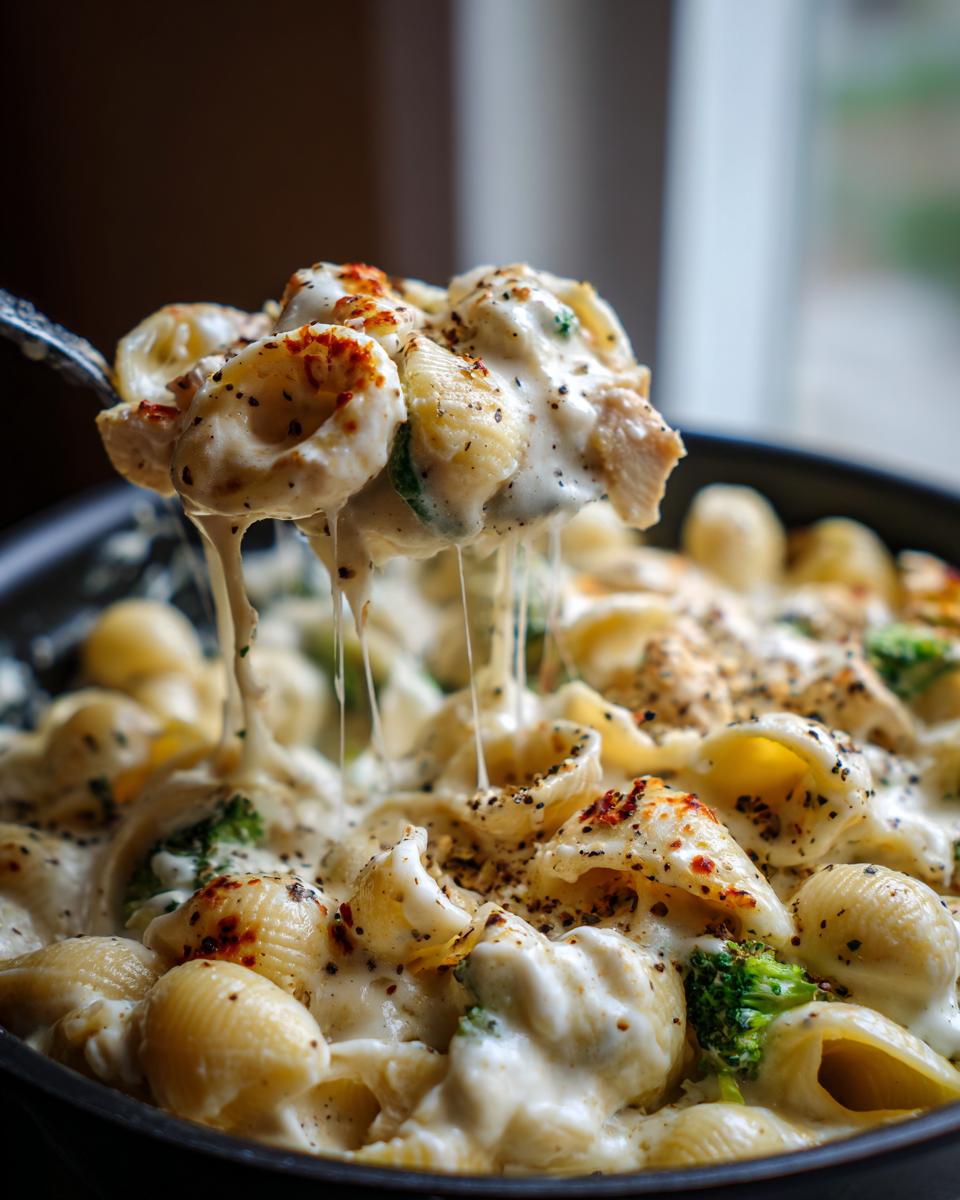 One Pot Chicken Alfredo Shells: 35 Min Magic 5 A spoonful of creamy One Pot Chicken Alfredo Shells with chicken and broccoli, showing melted cheese.