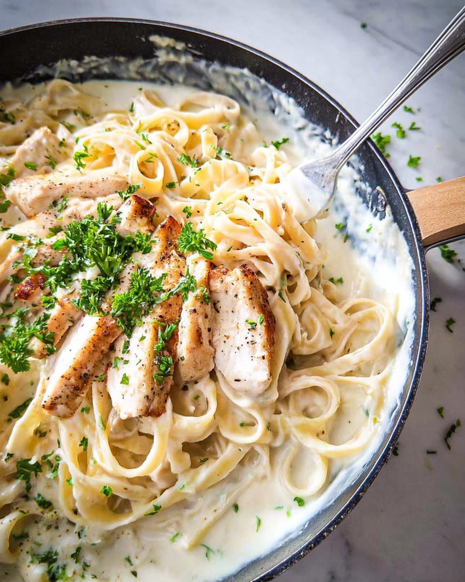 One Pot Creamy Chicken Alfredo Pasta: 30 Minute Magic 5 A close-up of One Pot Creamy Chicken Alfredo Pasta in a skillet, garnished with parsley.