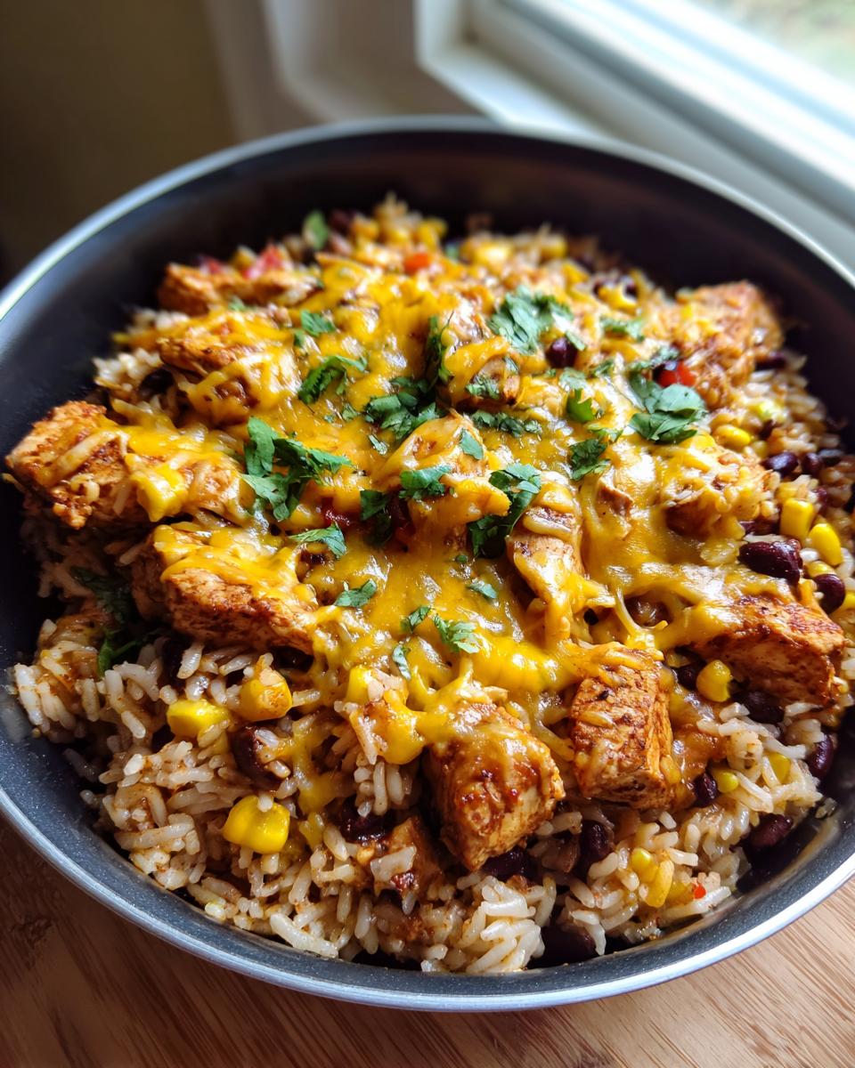 Amazing One Pot Mexican Chicken and Rice 40 Min 4 A close-up of a bowl of one pot Mexican chicken and rice topped with melted cheddar cheese and fresh cilantro.