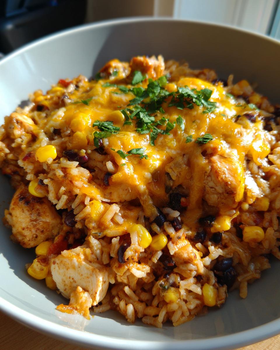 Amazing One Pot Mexican Chicken and Rice 40 Min 5 A close-up of a bowl of one pot Mexican chicken and rice, topped with melted cheese and cilantro.