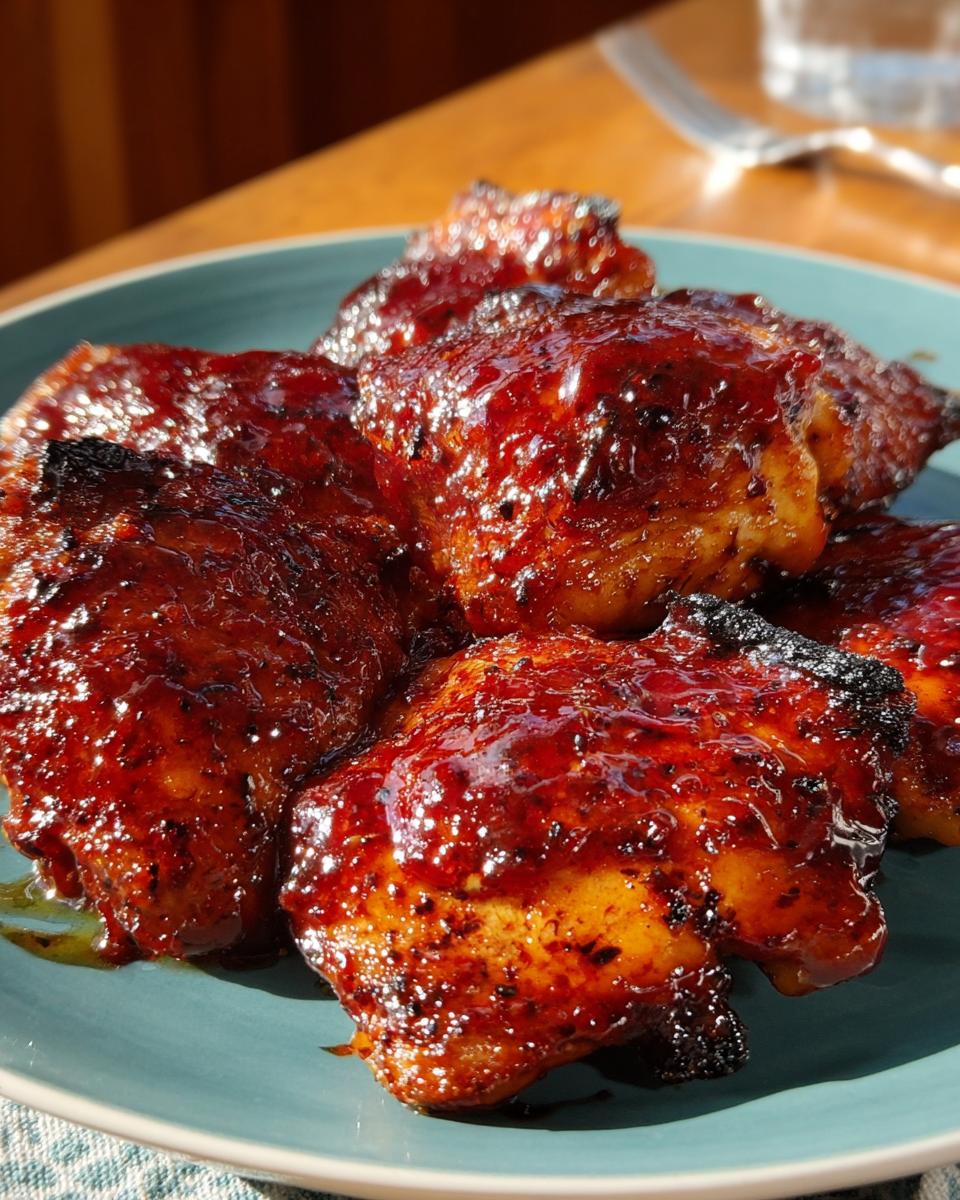 12 Juicy Oven BBQ Chicken Thighs with Peach Glaze 4 Close-up of juicy Oven BBQ Chicken Thighs with Peach Glaze on a blue plate, glistening.
