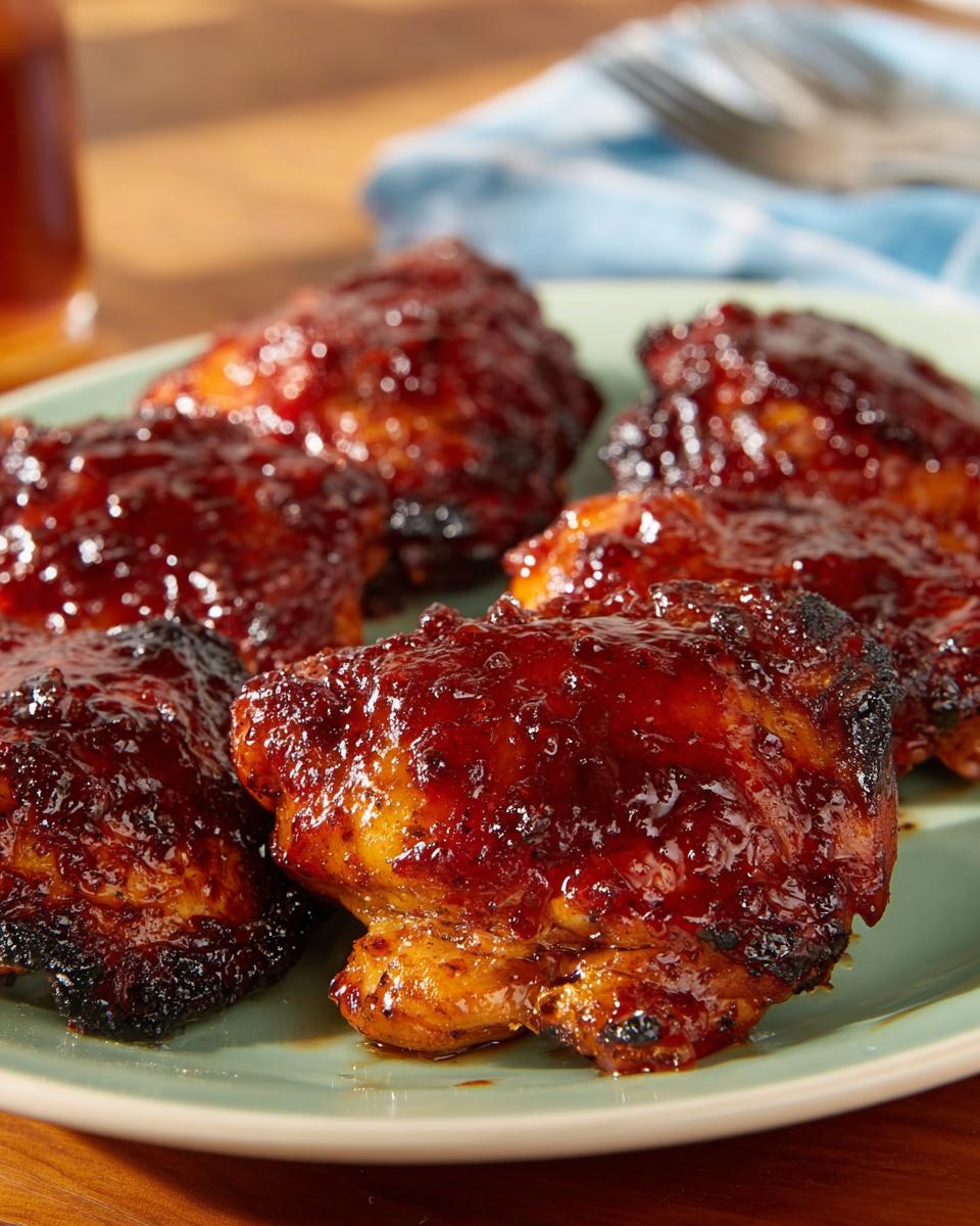 12 Juicy Oven BBQ Chicken Thighs with Peach Glaze 5 Close-up of juicy Oven BBQ Chicken Thighs with Peach Glaze, glistening on a plate.