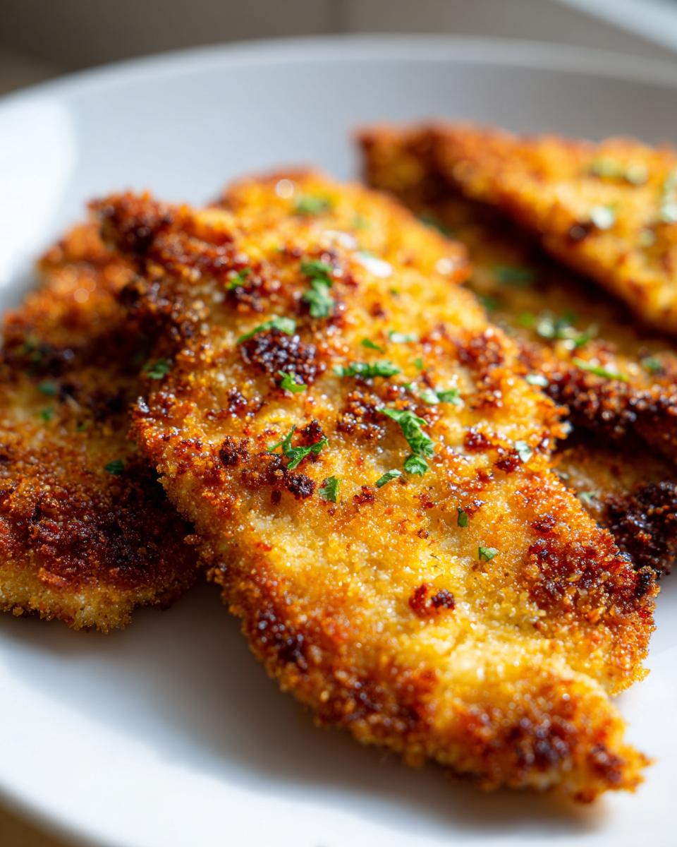 Amazing Parmesan Crusted Chicken Cutlets 35 Min 4 Close-up of golden brown parmesan crusted chicken cutlets, garnished with fresh parsley, on a white plate.