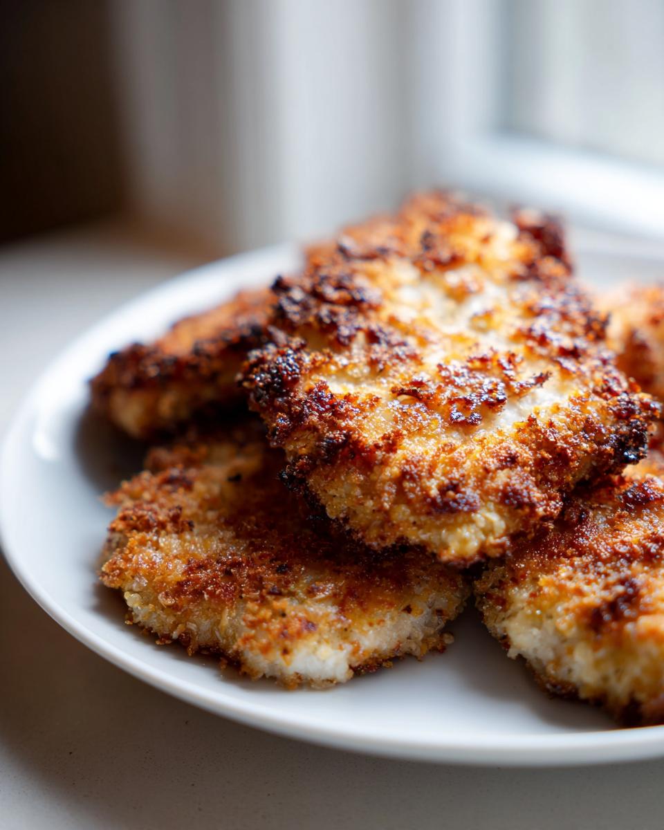 Amazing Parmesan Crusted Chicken Cutlets 35 Min 5 A close-up of golden brown parmesan crusted chicken cutlets stacked on a white plate.