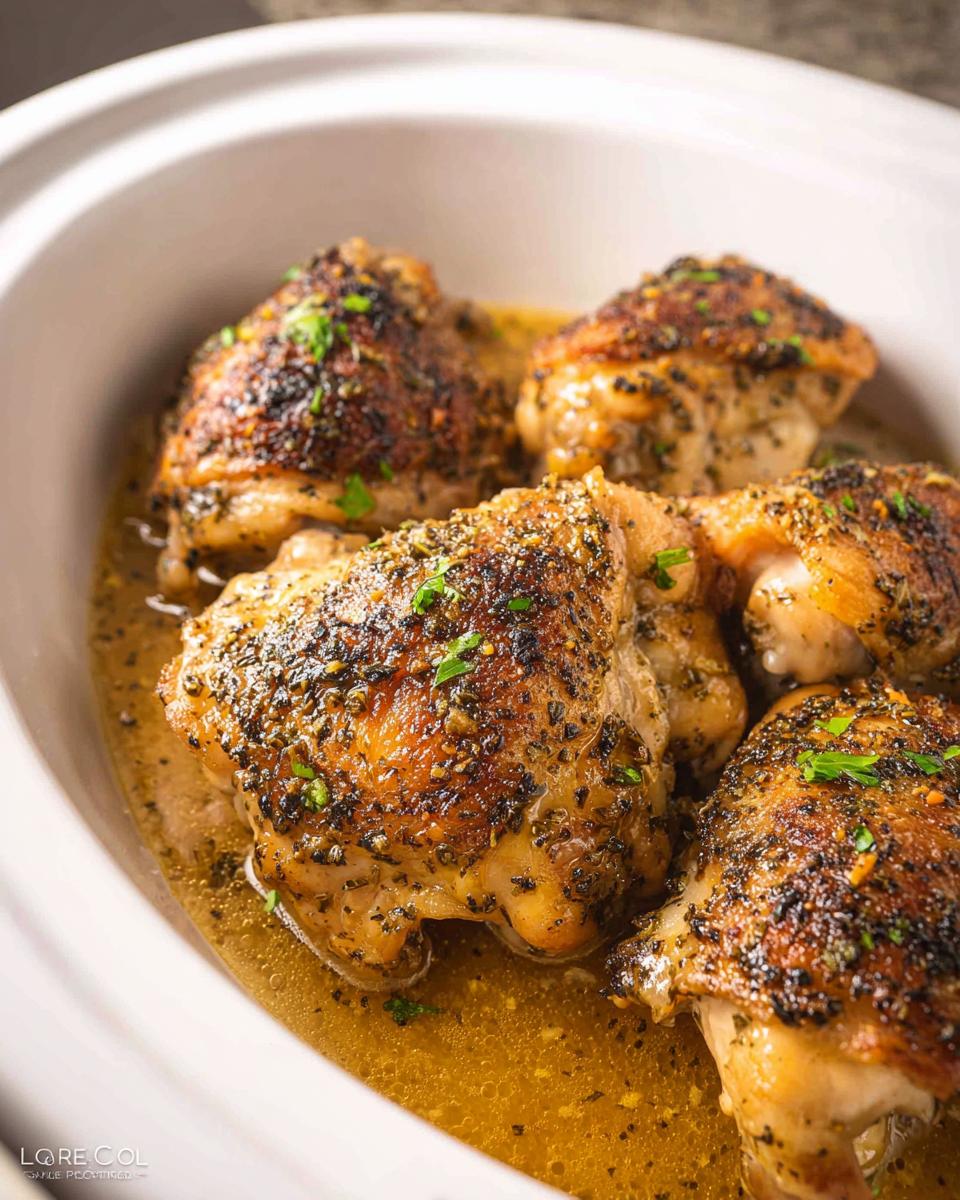 Perfect Juicy Slow Cooker Chicken Thighs in 6 Steps 5 Close-up of Perfect Juicy Slow Cooker Chicken Thighs, seasoned and cooked in a white slow cooker with savory juices.