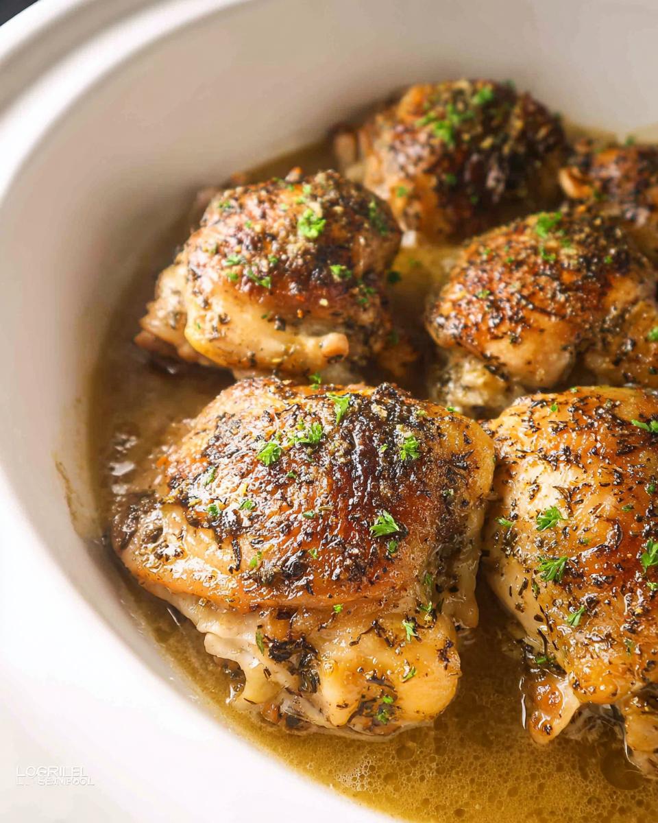 Perfect Juicy Slow Cooker Chicken Thighs in 6 Steps 4 Close-up of perfectly juicy slow cooker chicken thighs, browned and seasoned, in a white slow cooker.