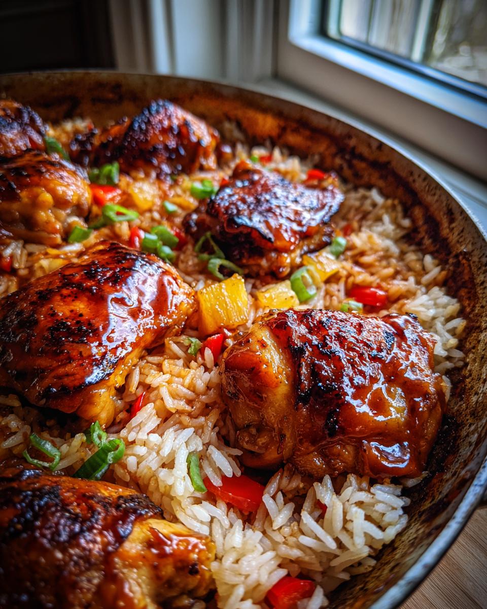 Amazing 1-Pan Pineapple BBQ Chicken & Rice Bake 5 Close-up of a pineapple BBQ chicken and rice bake in a pan, featuring glazed chicken pieces and fluffy rice with pineapple chunks and red peppers.