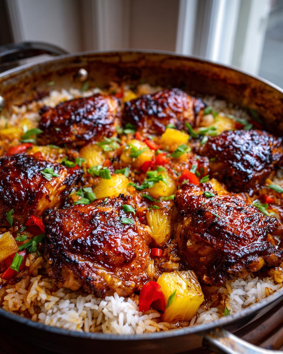 Amazing 1-Pan Pineapple BBQ Chicken & Rice Bake 4 Close-up of a pineapple BBQ chicken and rice bake in a pan, featuring glazed chicken thighs over fluffy rice with pineapple chunks and red peppers.