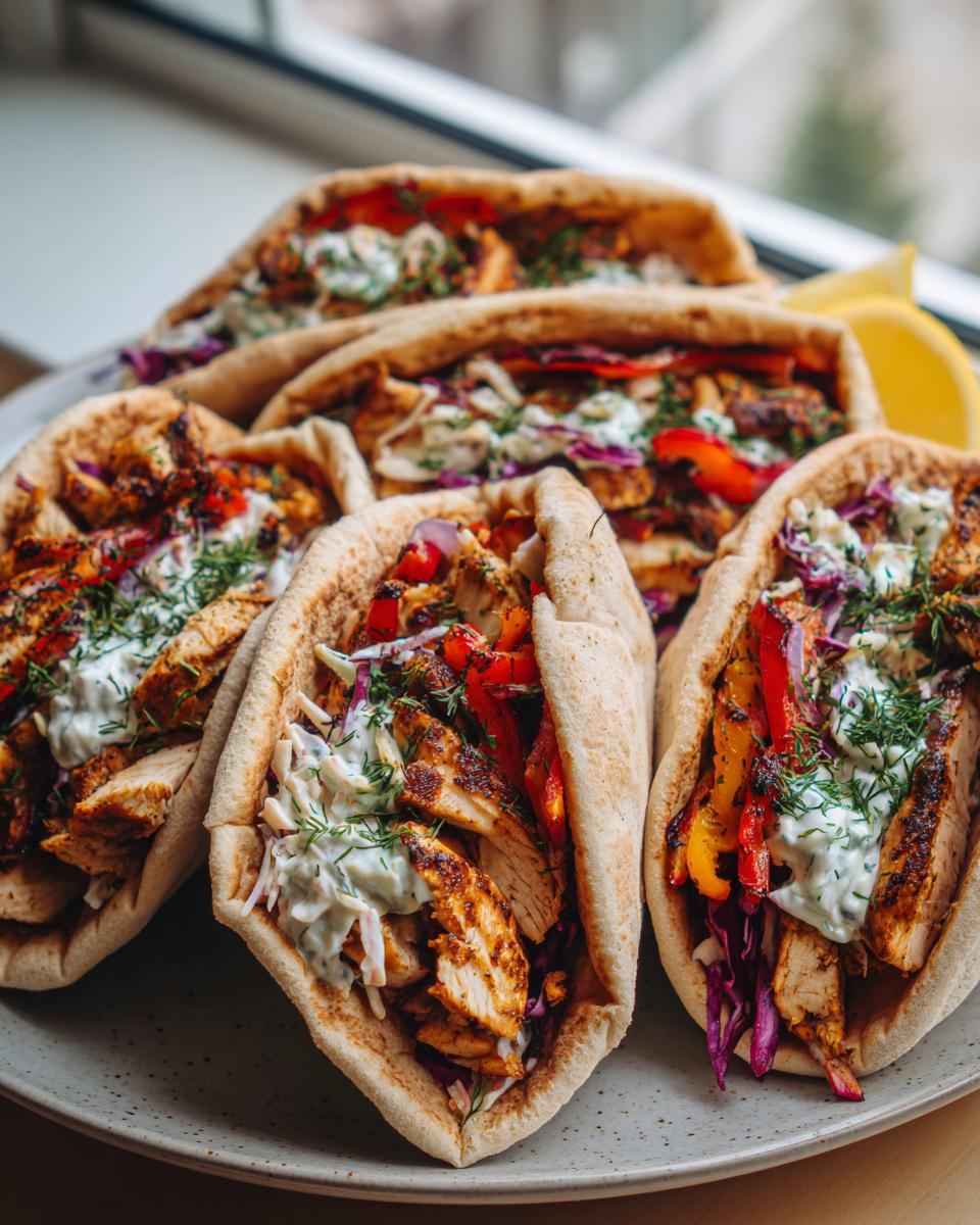 Amazing Sheet Pan Chicken Pitas in 35 Min 4 A plate of freshly made sheet pan chicken pitas filled with grilled chicken, colorful bell peppers, red cabbage, and a creamy sauce.