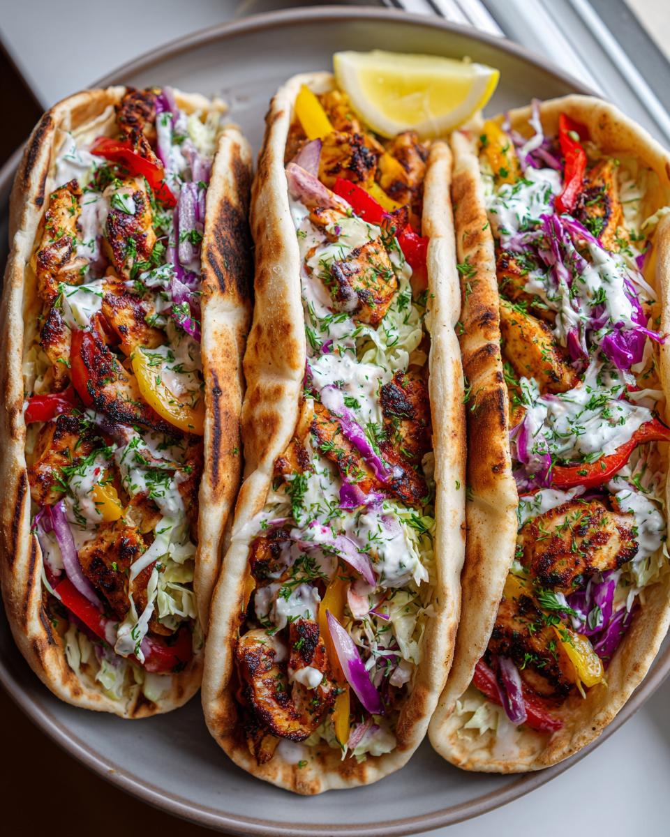 Amazing Sheet Pan Chicken Pitas in 35 Min 5 Three loaded sheet pan chicken pitas filled with grilled chicken, colorful bell peppers, red onion, shredded cabbage, and creamy sauce.
