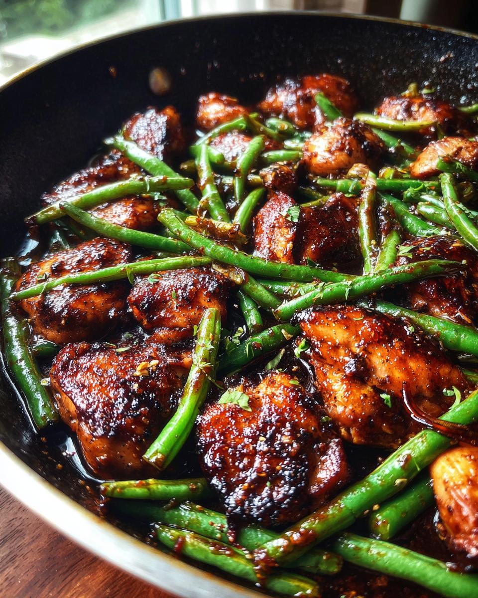 Sheet Pan Honey Soy Chicken: 40 Min Miracle Dinner 4 Close-up of juicy sheet pan honey soy chicken pieces with vibrant green beans in a glossy sauce.