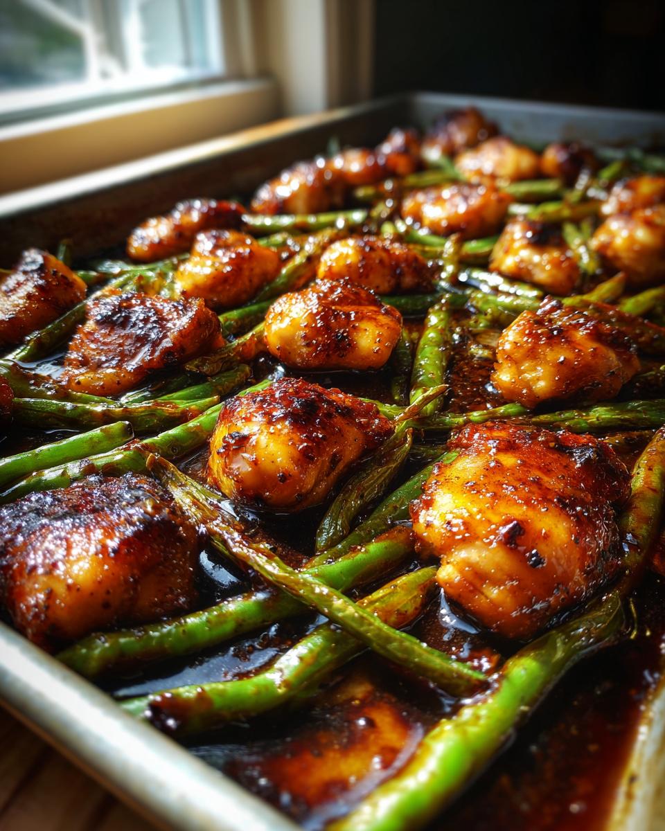 Sheet Pan Honey Soy Chicken: 40 Min Miracle Dinner 5 Close-up of juicy chicken pieces coated in honey soy glaze and crisp green beans on a baking sheet.