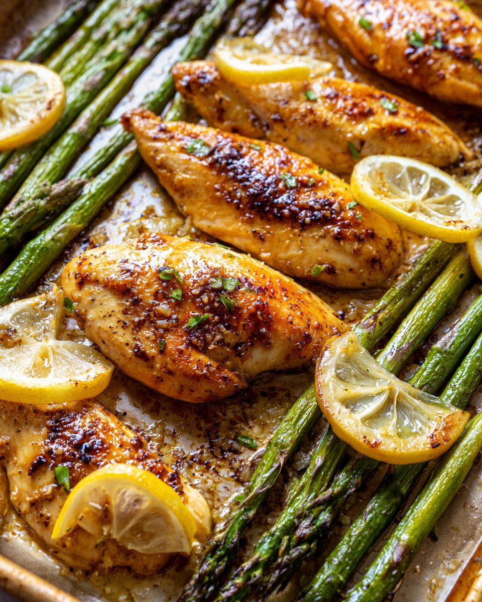 Amazing Sheet Pan Lemon Garlic Chicken Asparagus 5 Close-up of Sheet Pan Lemon Garlic Chicken and Asparagus on a baking sheet, garnished with lemon slices and herbs.