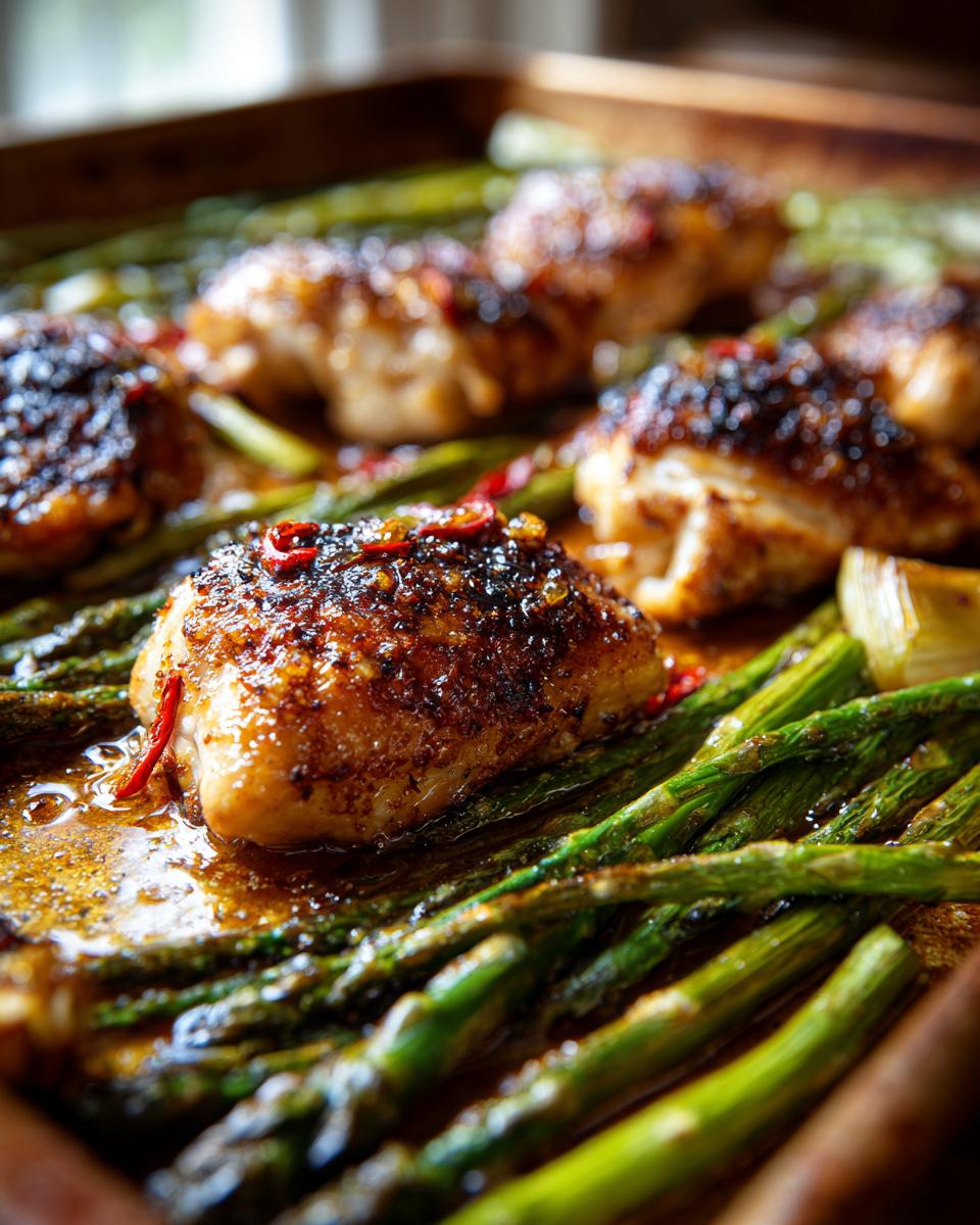 Amazing Sheet Pan Lemon Garlic Chicken Asparagus 4 Close-up of Sheet Pan Lemon Garlic Chicken and Asparagus, with glistening chicken pieces and vibrant green asparagus on a baking sheet.