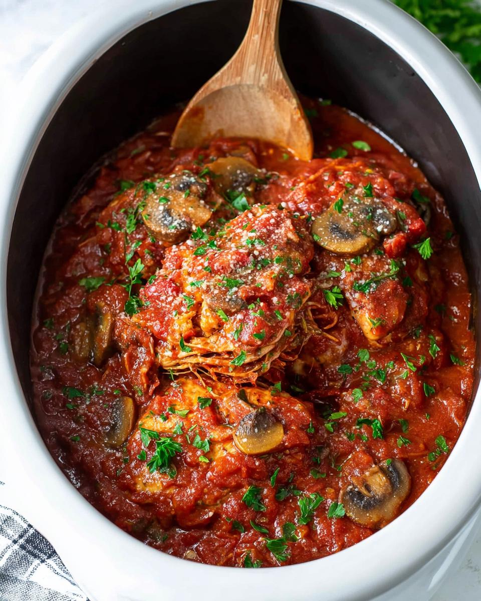 5 Hour Slow Cooker Chicken Cacciatore Easy Healthy Dinner 4 Close-up of Slow Cooker Chicken Cacciatore with mushrooms and herbs, a healthy dinner.
