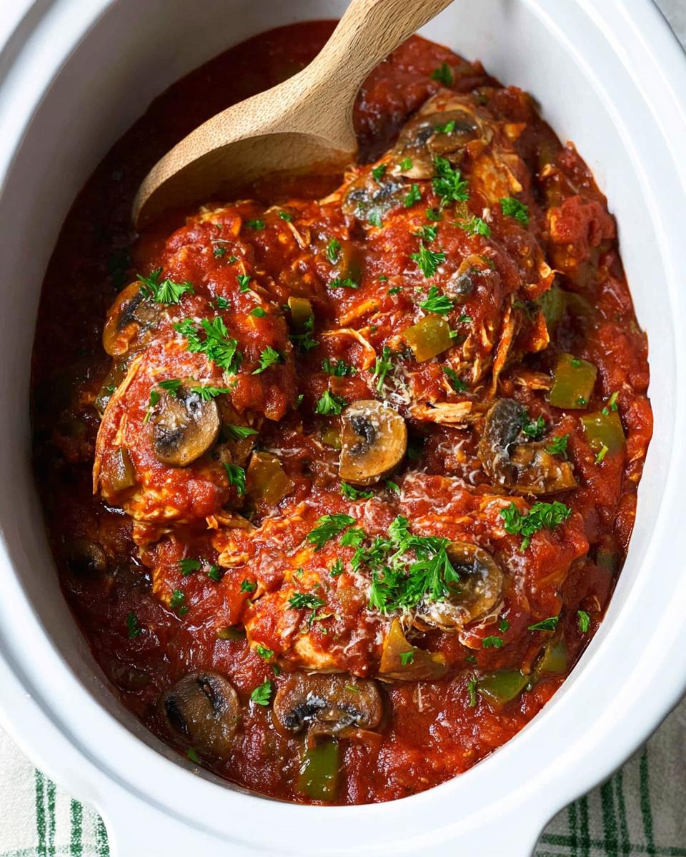5 Hour Slow Cooker Chicken Cacciatore Easy Healthy Dinner 5 Close-up of Slow Cooker Chicken Cacciatore Easy Healthy Dinner in a white slow cooker, garnished with parsley.