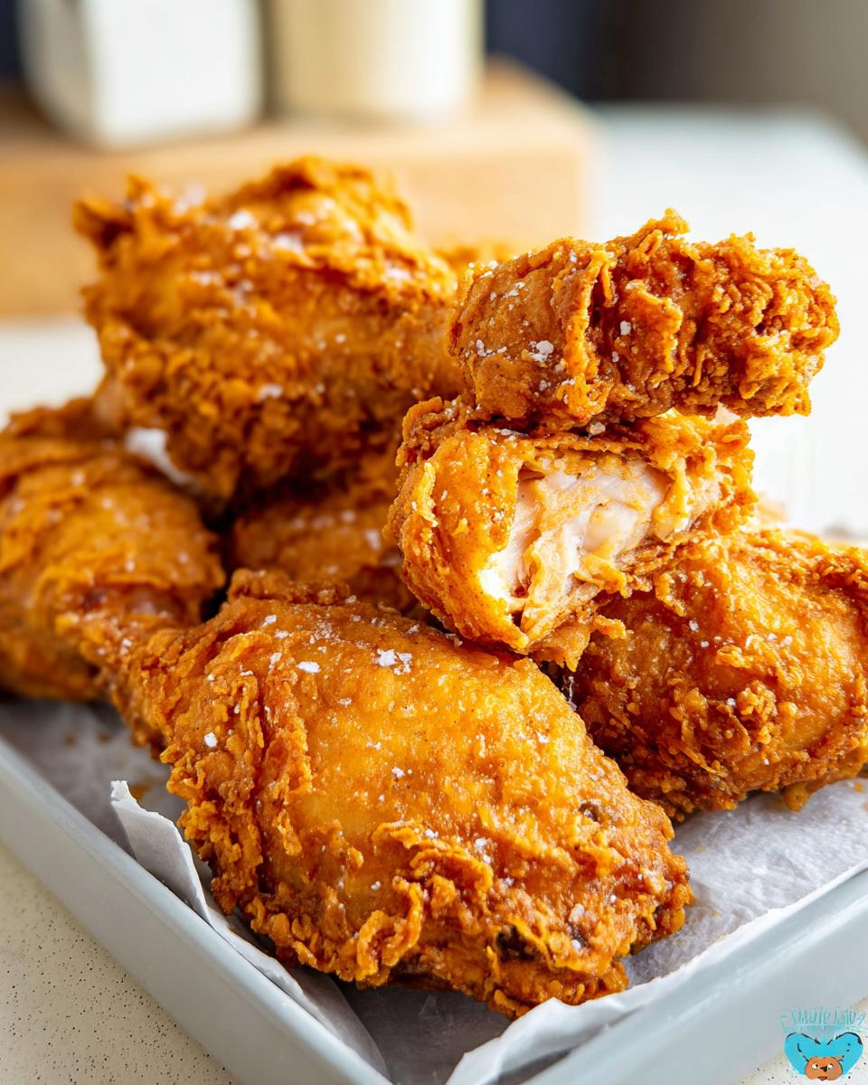 Perfect Southern Crispy Fried Chicken with 3 Magic Elements 5 Close-up of golden brown, crispy Southern fried chicken pieces, one piece broken to show juicy interior.