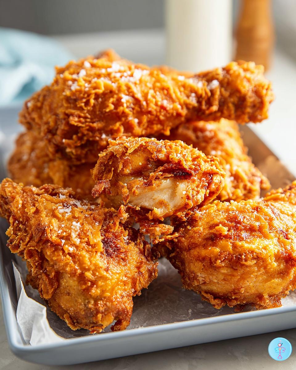 Perfect Southern Crispy Fried Chicken with 3 Magic Elements 4 A close-up of a stack of golden brown Southern crispy fried chicken pieces, sprinkled with salt.