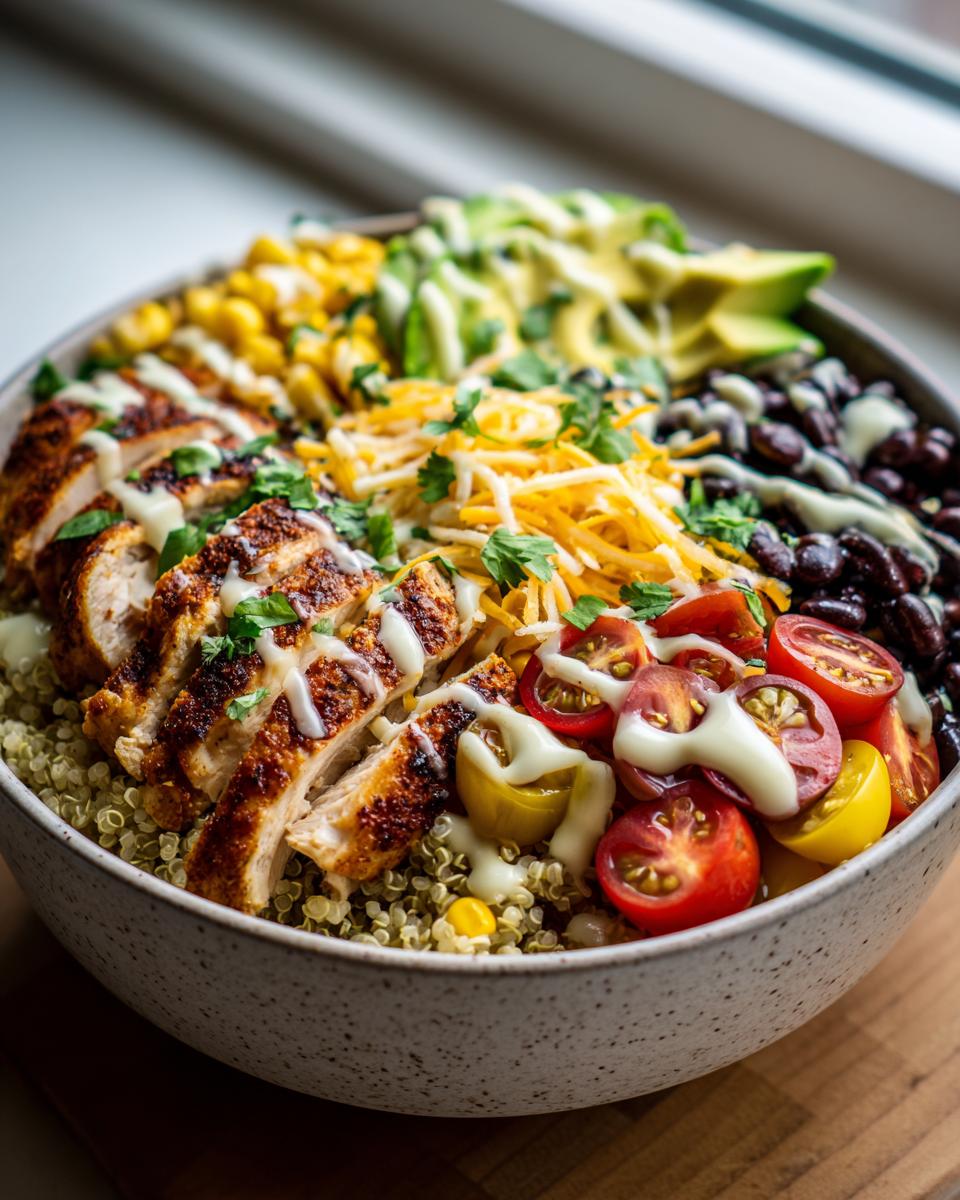 Amazing Southwest Chicken Quinoa Bowls in 30 Mins 4 A vibrant bowl of southwest chicken quinoa bowls, featuring sliced chicken, black beans, corn, avocado, tomatoes, and cheese.