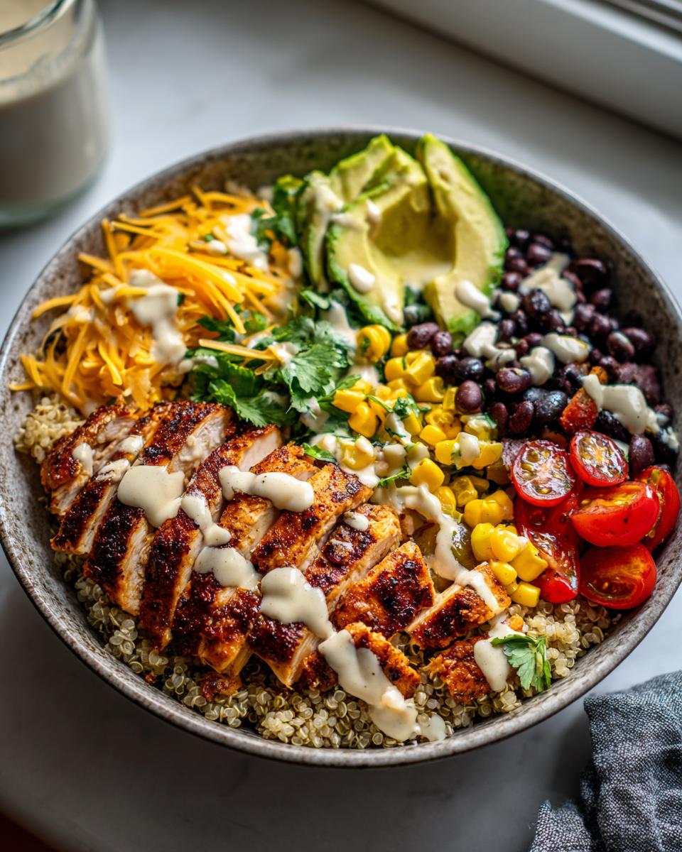 Amazing Southwest Chicken Quinoa Bowls in 30 Mins 5 A vibrant bowl of southwest chicken quinoa bowls, featuring sliced chicken, avocado, black beans, corn, tomatoes, and cheese.