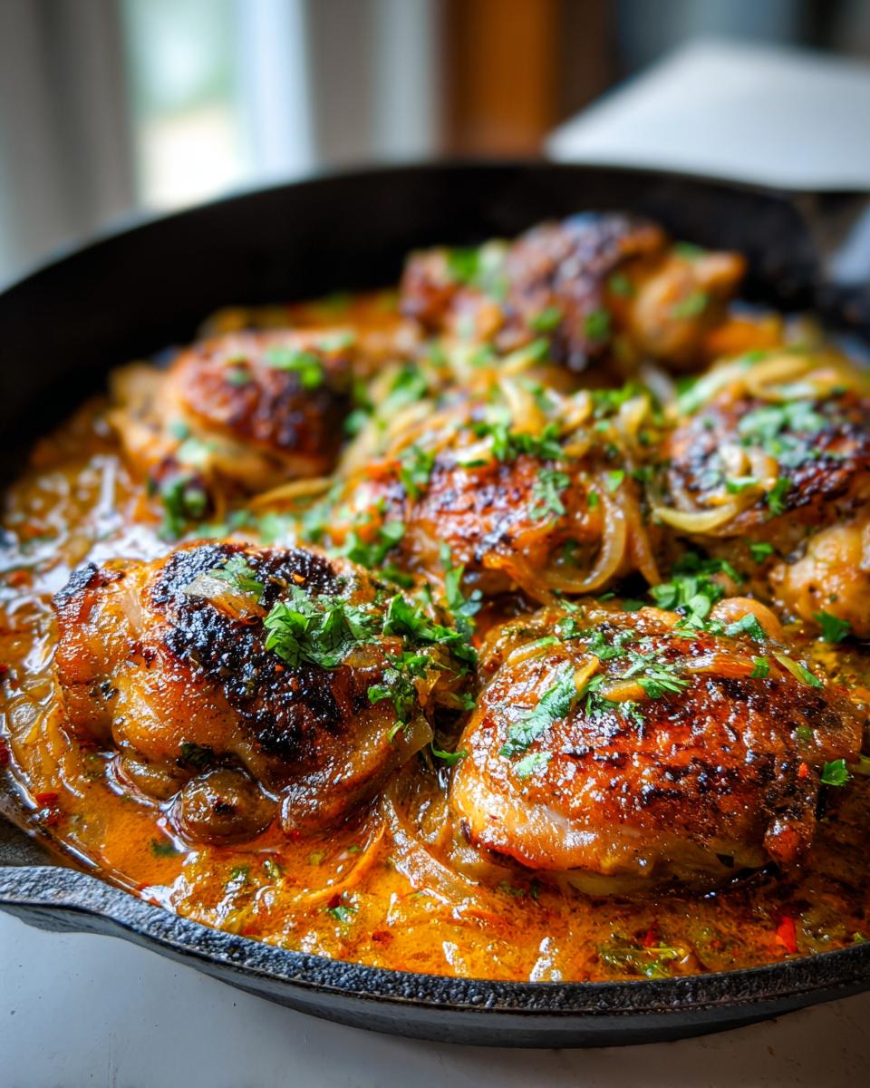 Fast 30-Min Spicy Brazilian Coconut Chicken Skillet 4 Close-up of a spicy Brazilian coconut chicken skillet with seared chicken thighs in a rich, orange sauce and garnished with fresh parsley.