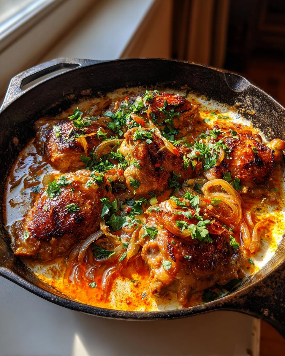 Fast 30-Min Spicy Brazilian Coconut Chicken Skillet 5 Close-up of a spicy Brazilian coconut chicken skillet, featuring browned chicken thighs in a creamy, orange-hued sauce with onions and parsley.
