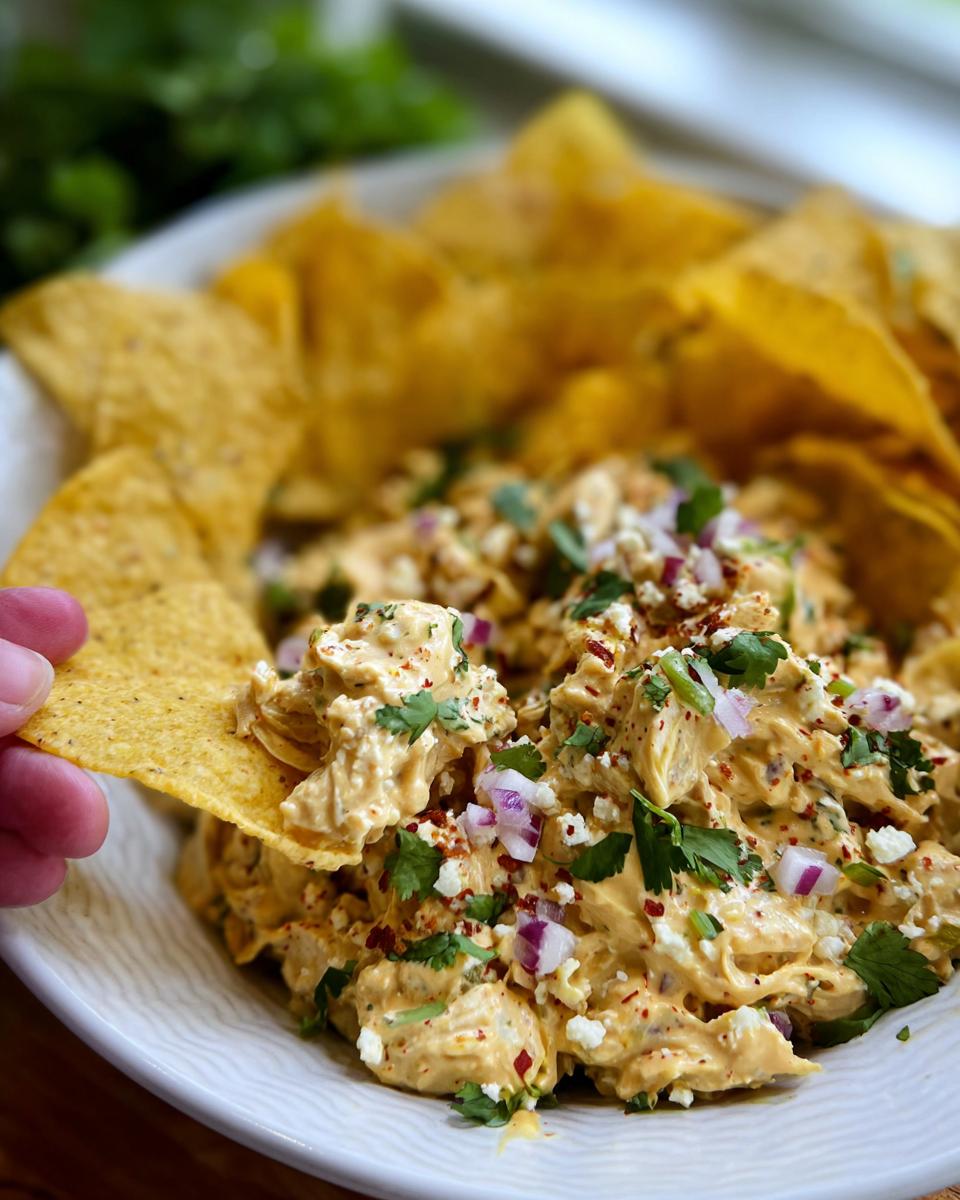 Spicy Peruvian Chicken Salad: Your 10-Minute Flavor Miracle 4 A hand dips a tortilla chip into a bowl of Spicy Peruvian Chicken Salad with Aji Amarillo, topped with cilantro and red onion.