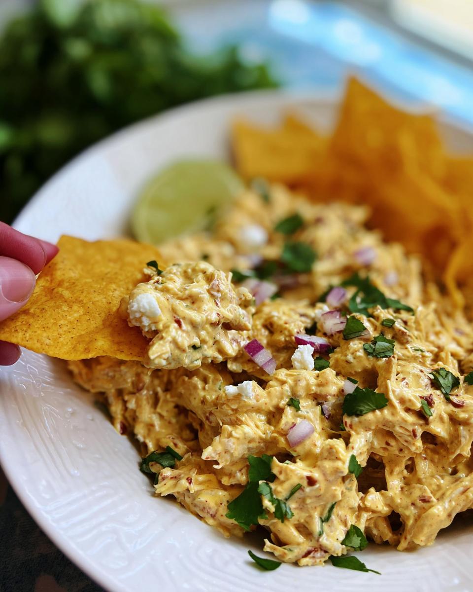 Spicy Peruvian Chicken Salad: Your 10-Minute Flavor Miracle 5 A hand dips a tortilla chip into a bowl of Spicy Peruvian Chicken Salad with Aji Amarillo, garnished with red onion and cilantro.