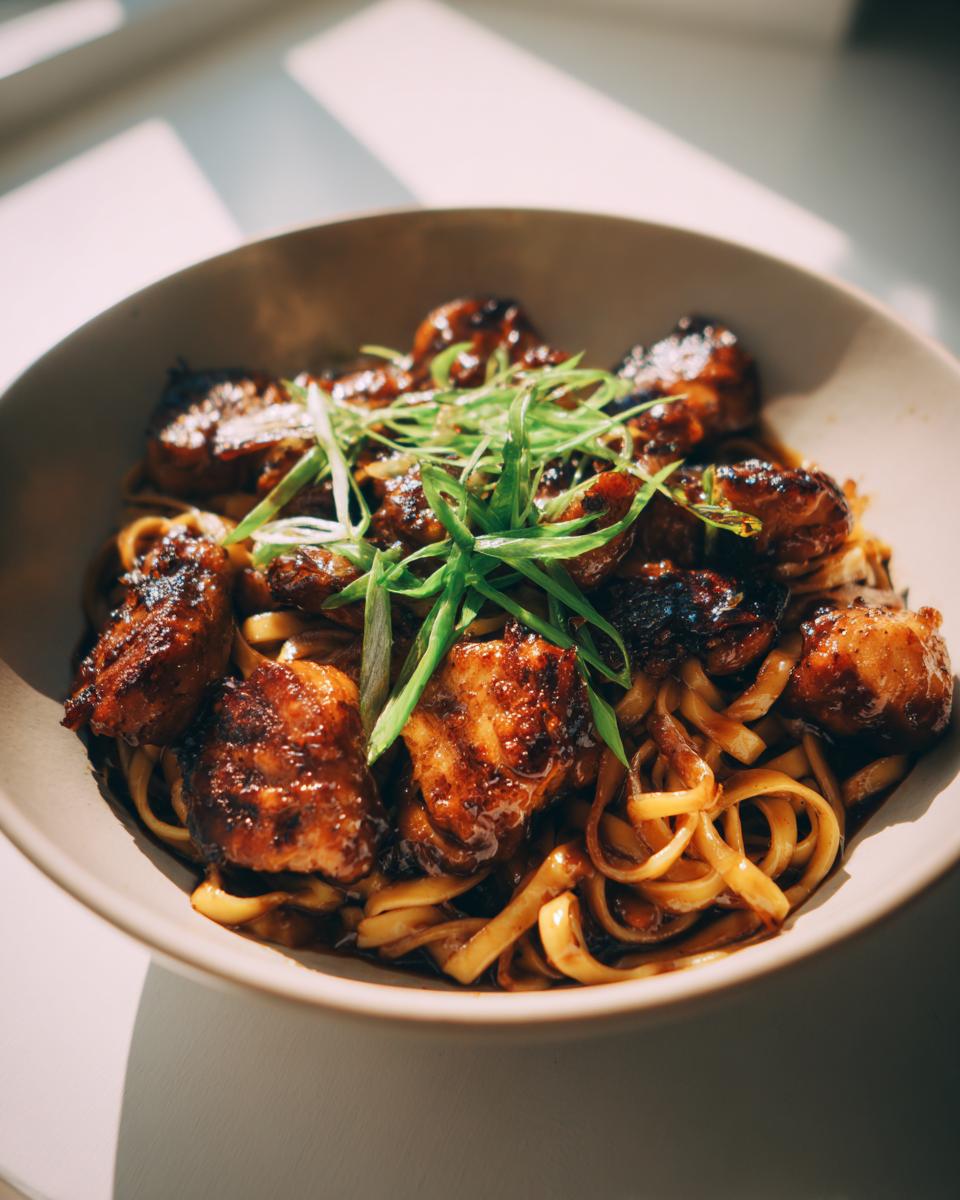 Amazing Sticky Garlic Chicken Noodles in 20 Minutes 4 A close-up shot of a bowl filled with sticky garlic chicken noodles, garnished with fresh green onions.