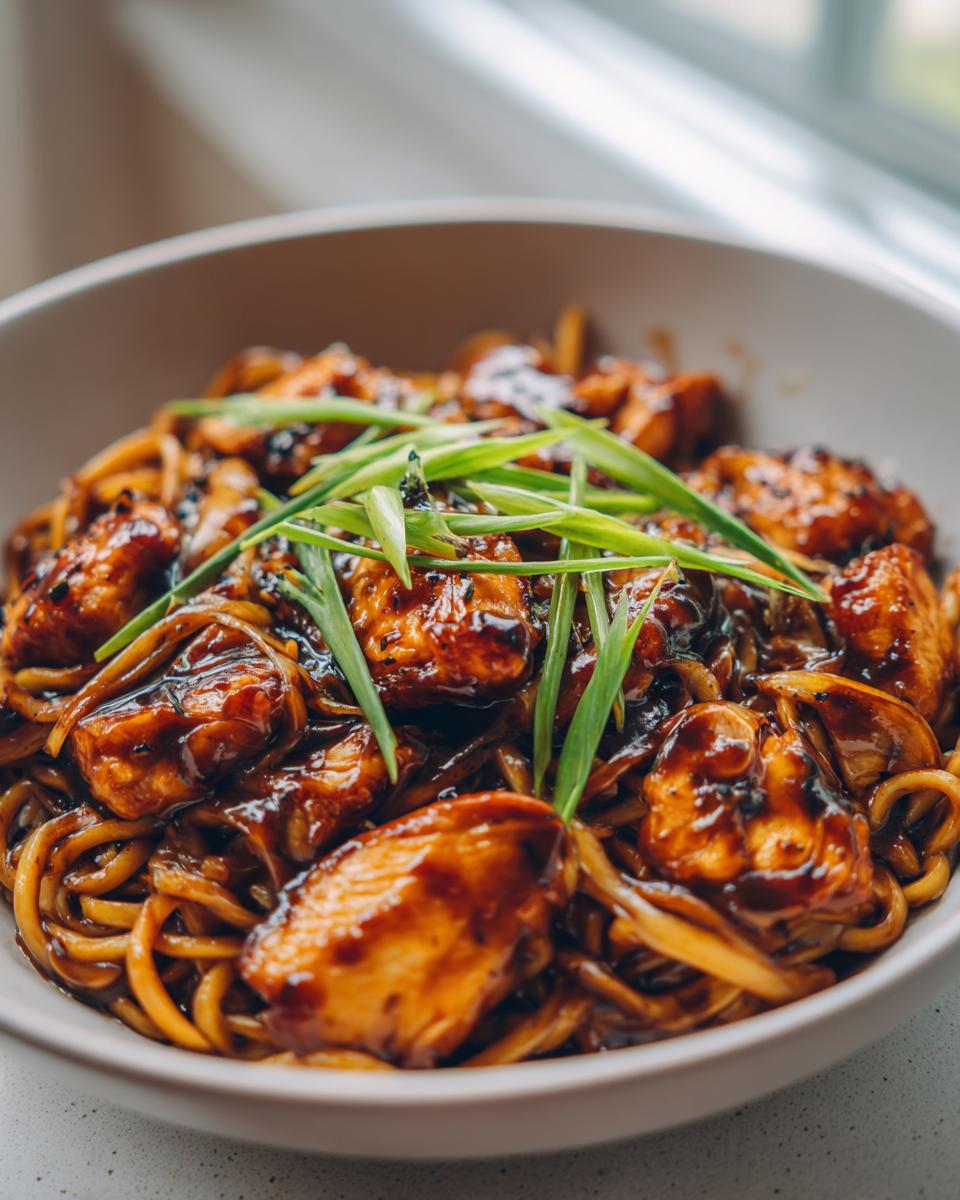 Amazing Sticky Garlic Chicken Noodles in 20 Minutes 5 A close-up of a bowl filled with sticky garlic chicken noodles, garnished with fresh green onions.