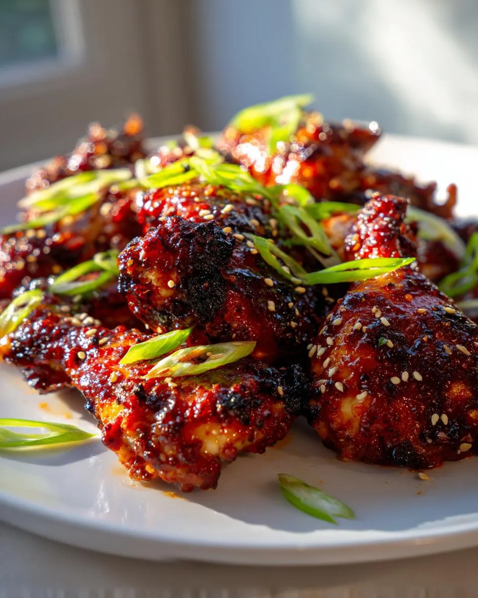 Amazing Sticky Gochujang Chicken Thighs 4 Close-up of delicious sticky gochujang chicken thighs, garnished with green onions and sesame seeds.