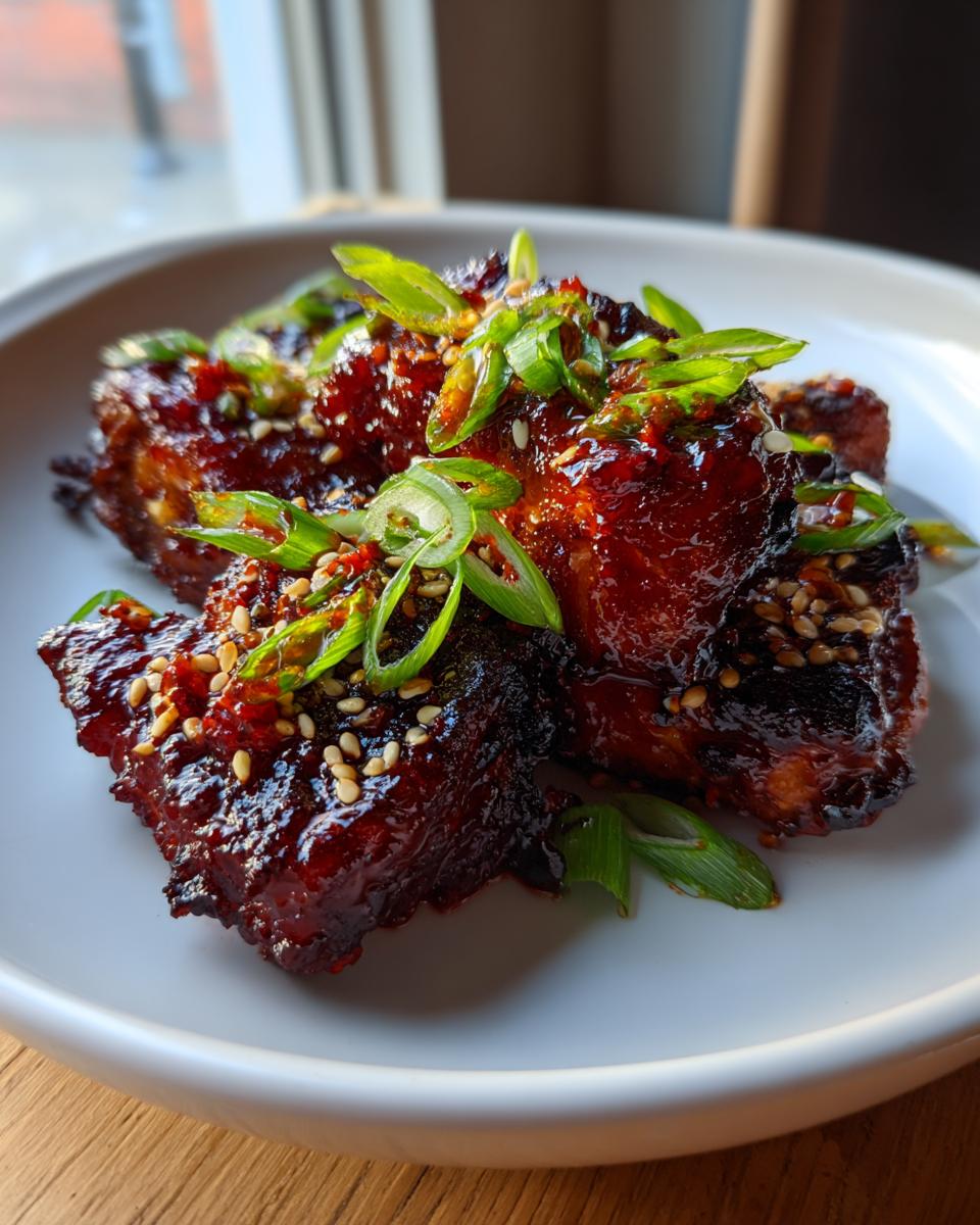 Amazing Sticky Gochujang Chicken Thighs 5 Close-up of sticky gochujang chicken thighs glazed with sauce, topped with sesame seeds and green onions.