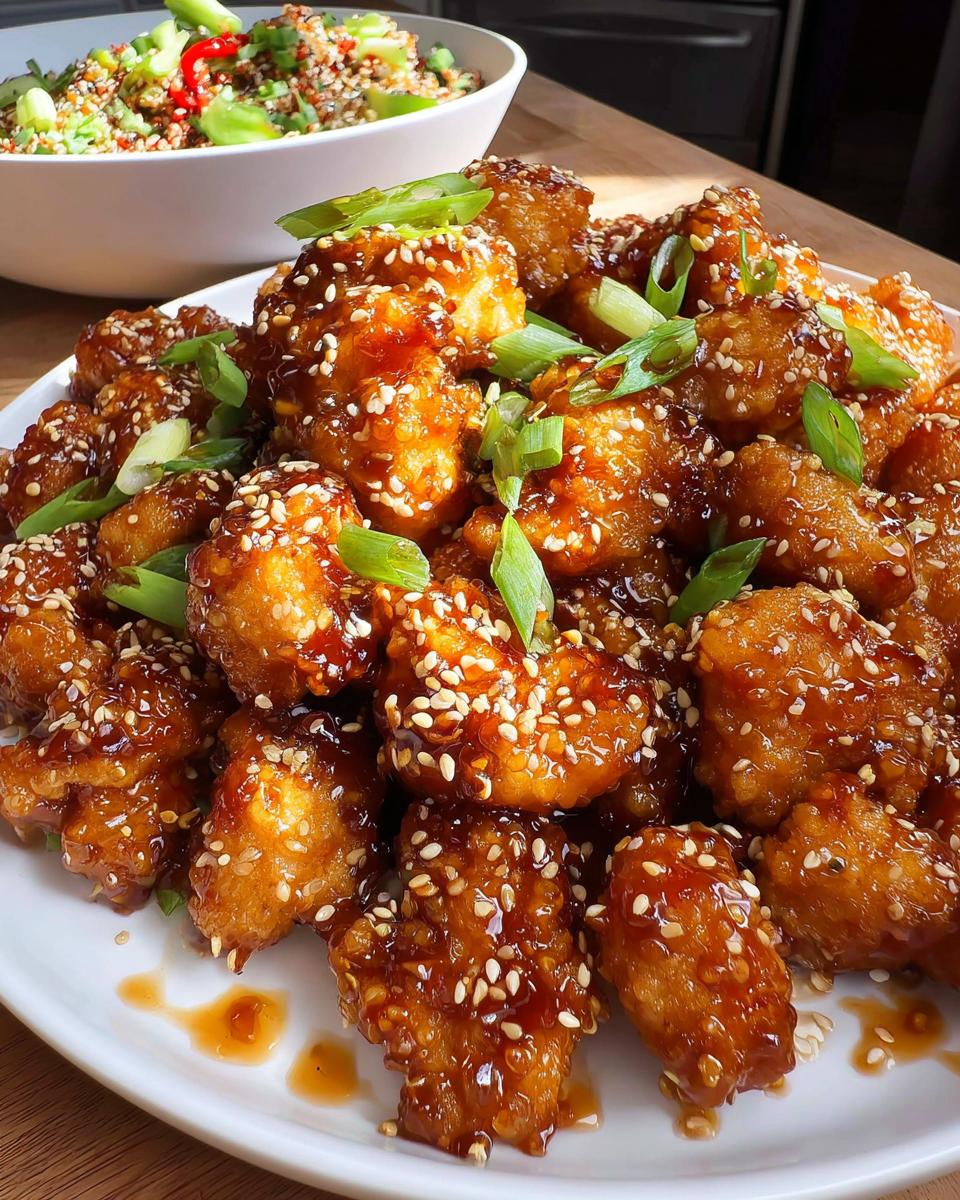 Your 35-Minute Sticky Honey Garlic Chicken Bites 5 A plate full of glistening Sticky Honey Garlic Chicken Bites, sprinkled with sesame seeds and green onions.