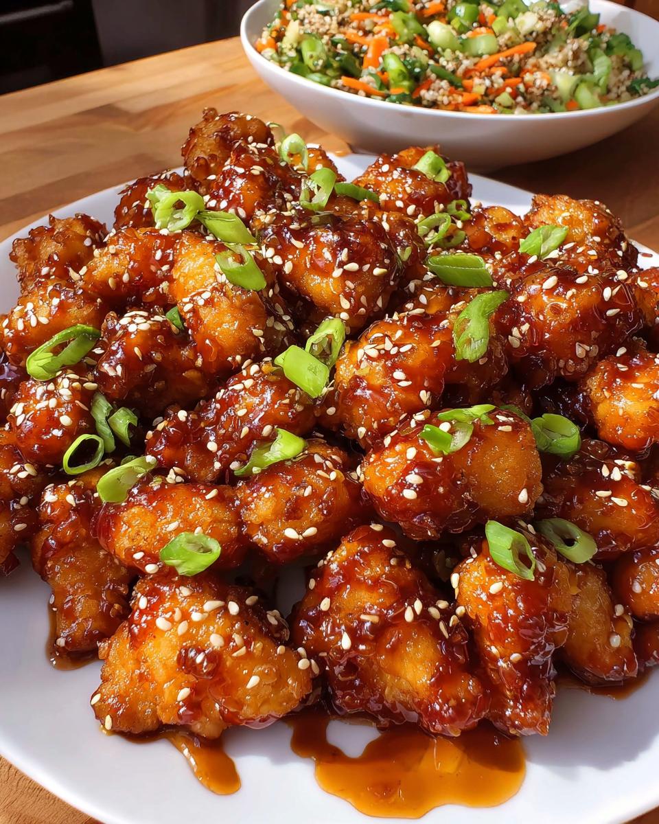 Your 35-Minute Sticky Honey Garlic Chicken Bites 4 A close-up of a platter filled with delicious Sticky Honey Garlic Chicken Bites, garnished with sesame seeds and green onions.
