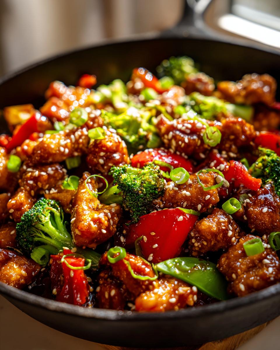 Sticky Sesame Chicken: 15-Minute Flavor Burst 5 Close-up of a pan filled with Sticky Sesame Chicken Stir Fry, featuring chicken pieces, broccoli, red peppers, and snap peas, garnished with sesame seeds and green onions.