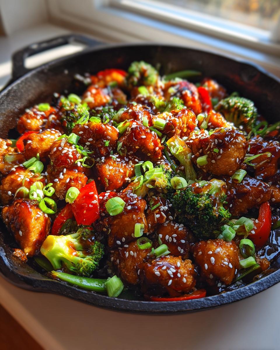 Sticky Sesame Chicken: 15-Minute Flavor Burst 4 A close-up of a cast iron skillet filled with glistening Sticky Sesame Chicken Stir Fry, featuring chicken pieces, broccoli, and red peppers, garnished with sesame seeds and green onions.