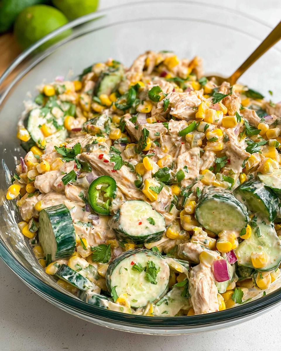 Delicious 15-Minute Street Corn Chicken Cucumber Salad 4 Close-up of a refreshing Street Corn Chicken Cucumber Salad in a glass bowl, featuring shredded chicken, corn, cucumber slices, and red onion.