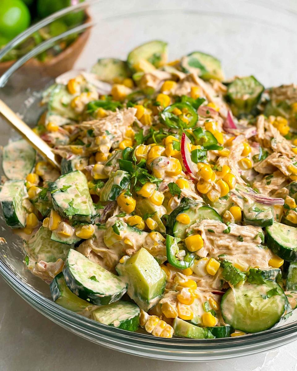 Delicious 15-Minute Street Corn Chicken Cucumber Salad 5 A close-up of a refreshing Street Corn Chicken Cucumber Salad in a glass bowl, featuring corn, chicken, cucumber, and jalapeños.
