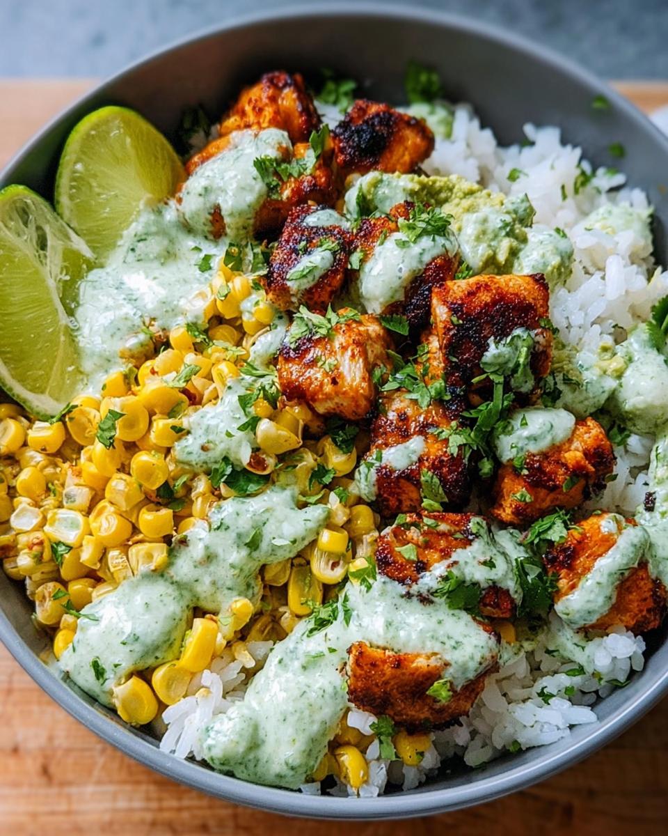 Irresistible 30-Minute Street Corn Chicken Rice Bowl 5 Close-up of a Street Corn Chicken Rice Bowl with grilled chicken, corn, rice, lime wedges, and creamy cilantro sauce.