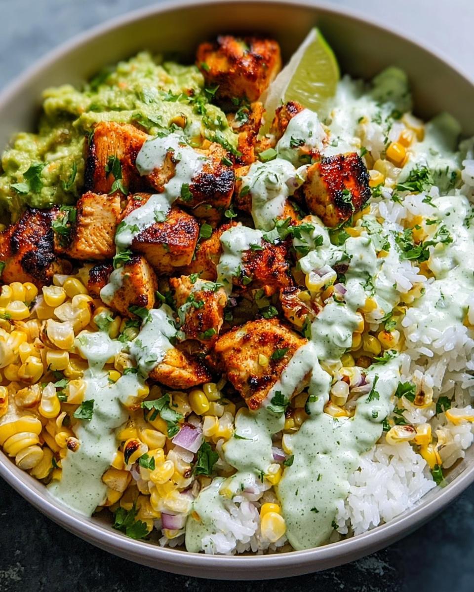 Irresistible 30-Minute Street Corn Chicken Rice Bowl 4 A close-up of a Street Corn Chicken Rice Bowl featuring grilled chicken, corn, rice, avocado, and a creamy cilantro-lime dressing.