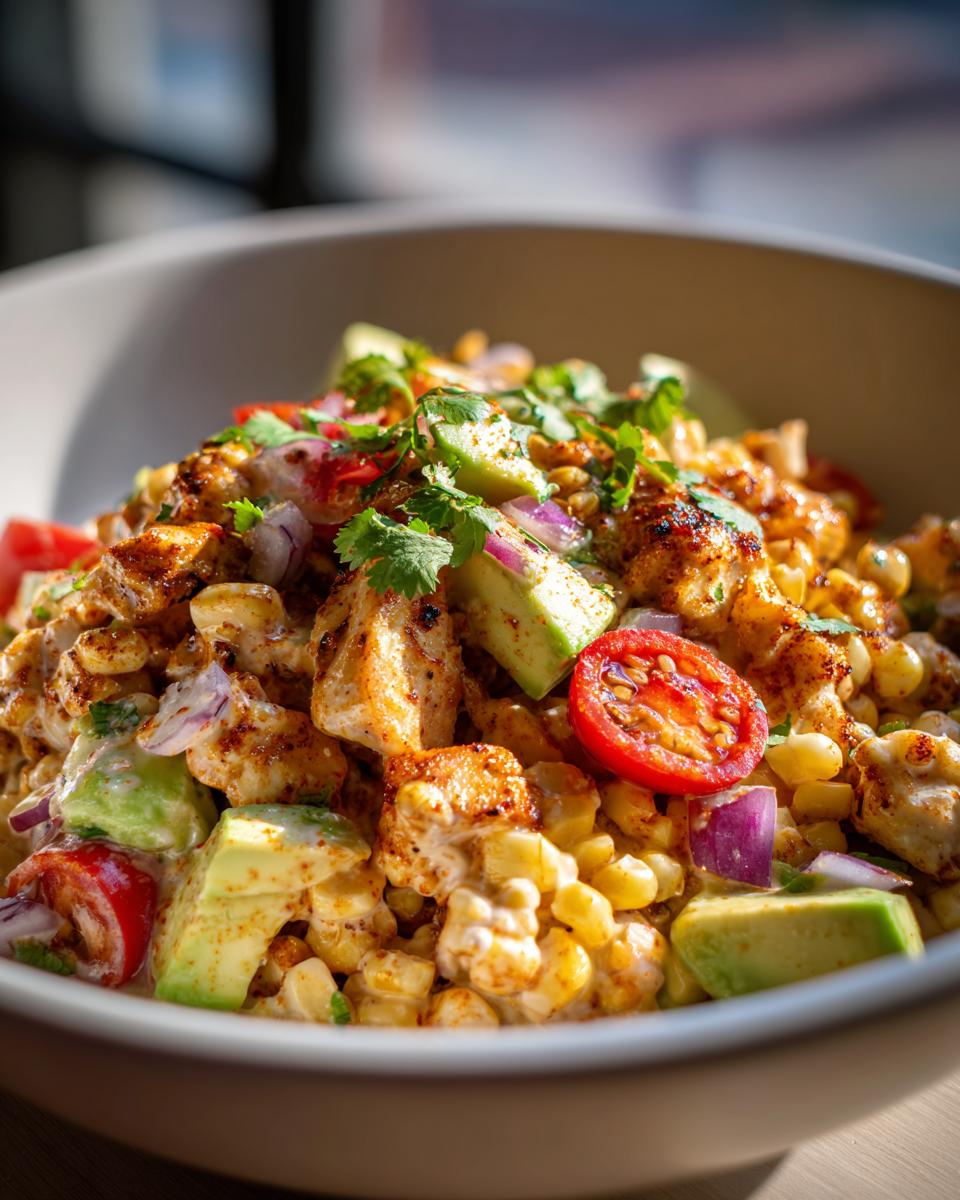 Amazing Street Corn Chicken Salad: 1 Taste Sensation 5 Close-up of a vibrant street corn chicken salad featuring grilled chicken, corn, avocado, tomatoes, and cilantro.