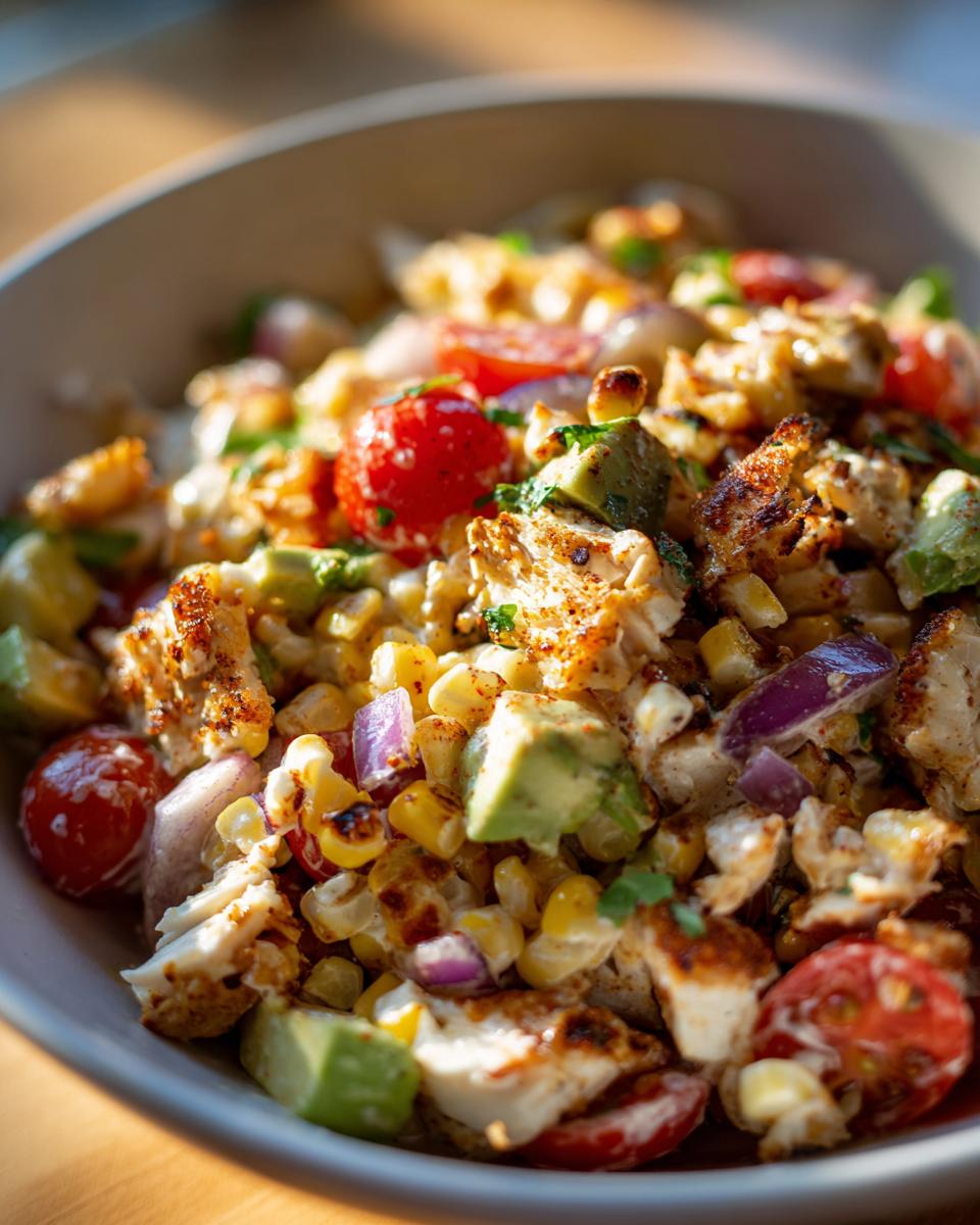 Amazing Street Corn Chicken Salad: 1 Taste Sensation 4 Close-up of a bowl of street corn chicken salad, featuring grilled corn, chicken, avocado, cherry tomatoes, and red onion.